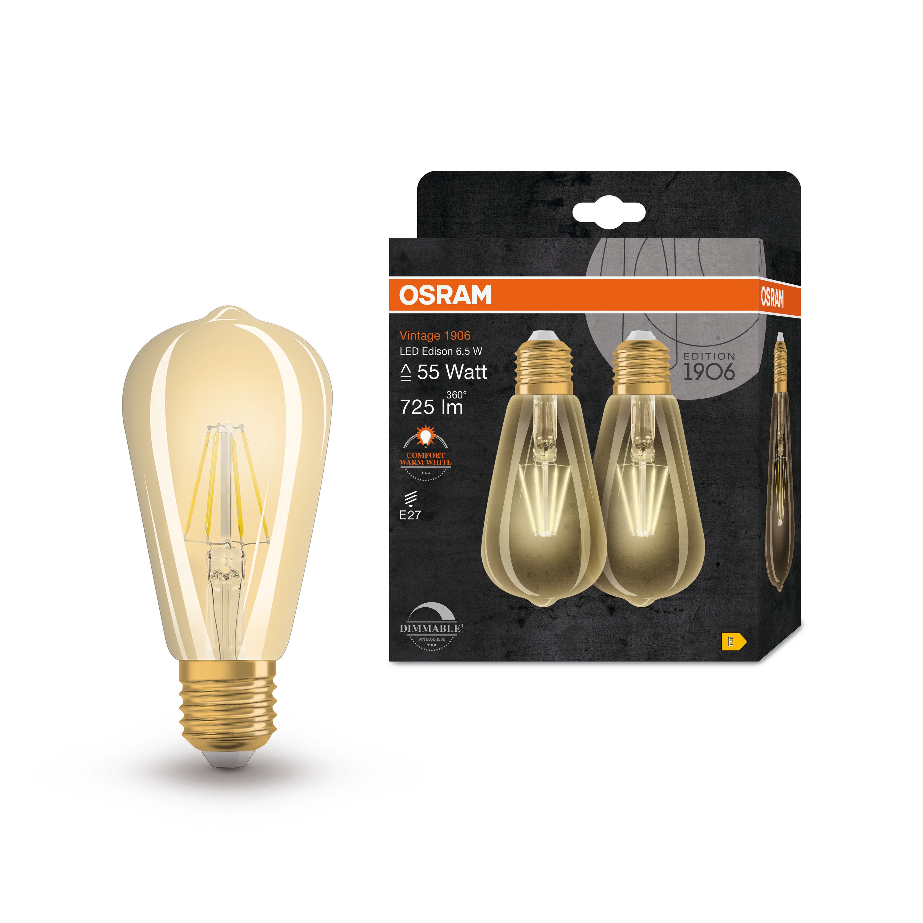 OSRAM 1906 Edizione d'epoca, E27-base vetro dorato ,Bianco caldo (2400K), 725 Lumen, sostituzione delle lampade 55W, dimmerabile, 2-Confezione - 4