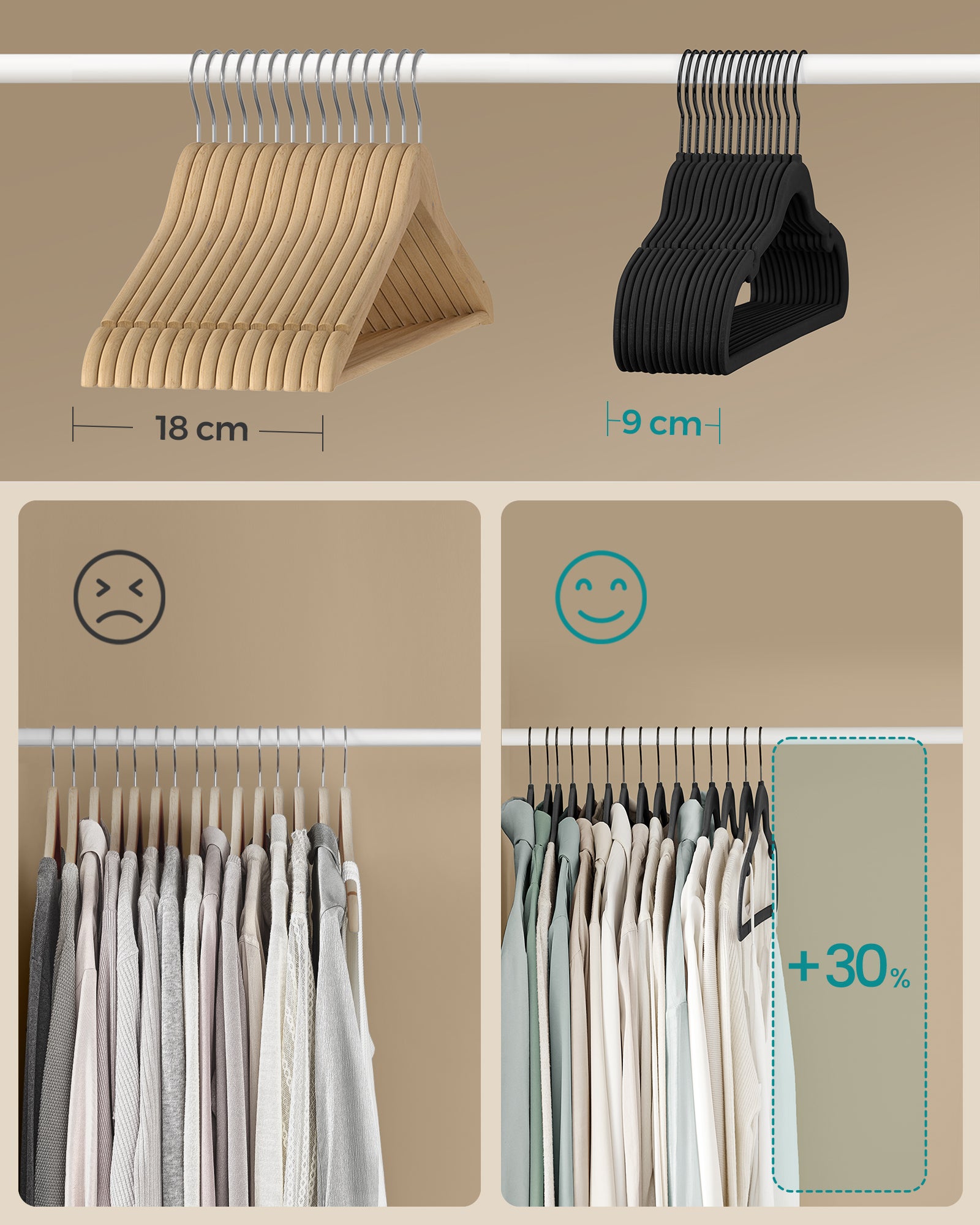 50 Cintres en Velours, Antiglisse, avec Barre à Cravate et Crochet Pivotant à 360°, Épaisseur 0,6 cm, Gain de Place, Longueur 43,5 cm, Noir d'Encre - 4