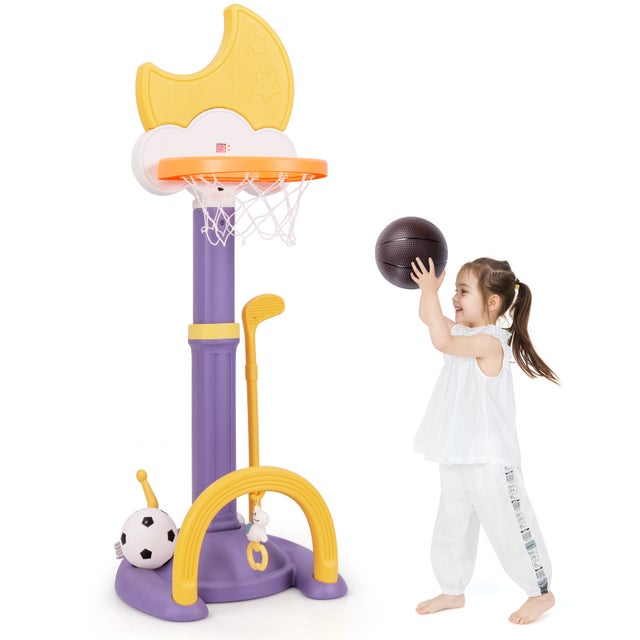 Cesta de basquete infantil em forma de lua 4-em-1, altura ajustável, playground com futebol, golfe e jogos de anel, Billboard, roxo