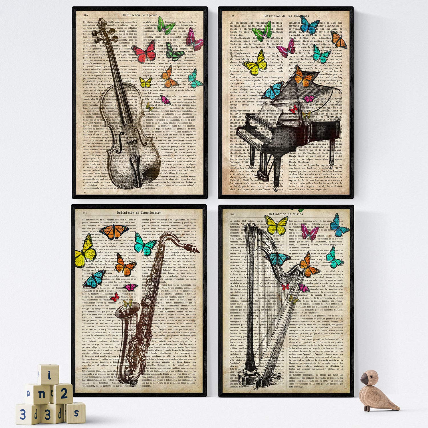 Pack de cuatro láminas vintage piano, arpa, violin y saxon con definiciones musica, emociones, comunicacion, placer. 250 gr sin marco - a4