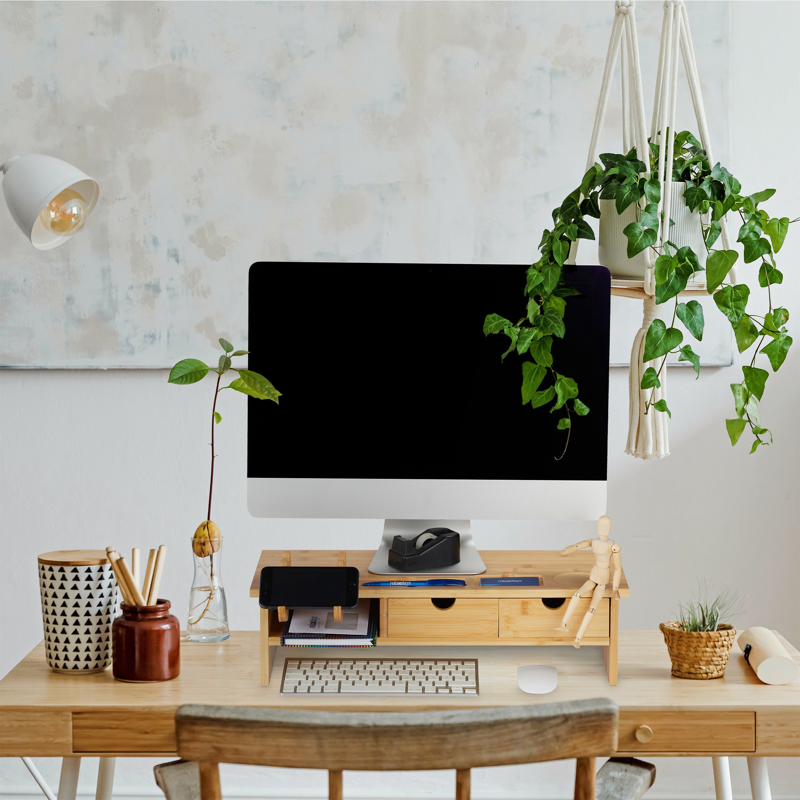 Relaxdays Réhausseur D’Écran Bambou Avec Rangements - Support Moniteur Bureau 9x54x23 Cm Naturel