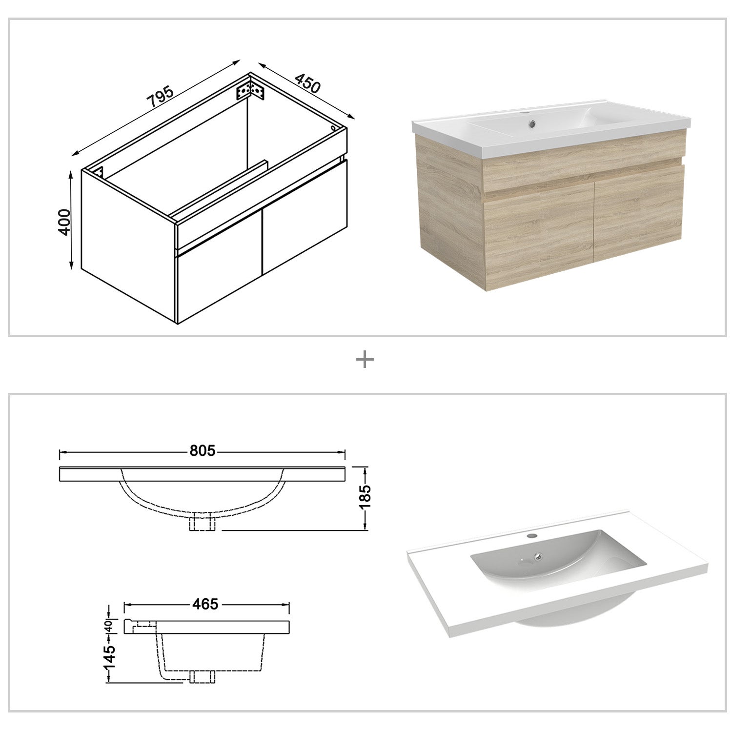 Ensemble meuble + vasque + miroir lumineux + colonne 80cm meuble salle de bain Chêne Wotan,Ocean - 4