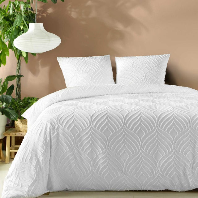 Parure de lit 3 pièces tufté - Blanc - 240x220 cm - Microfibre