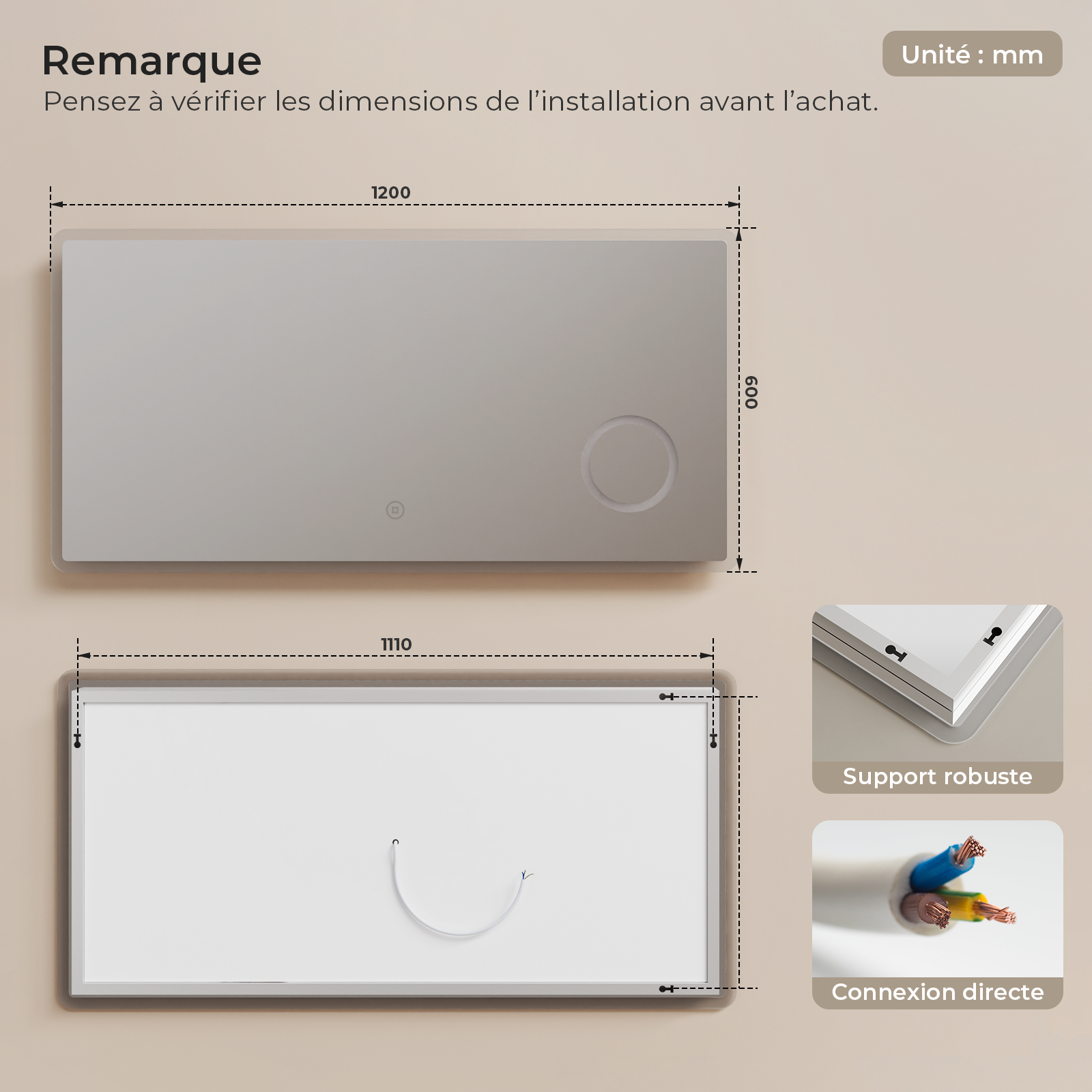 S'AFIELINA Miroir Lumineux rectangulaire grossissant 3x+Lumière blanche froide+Smart Touch 60 × 120 cm - 6