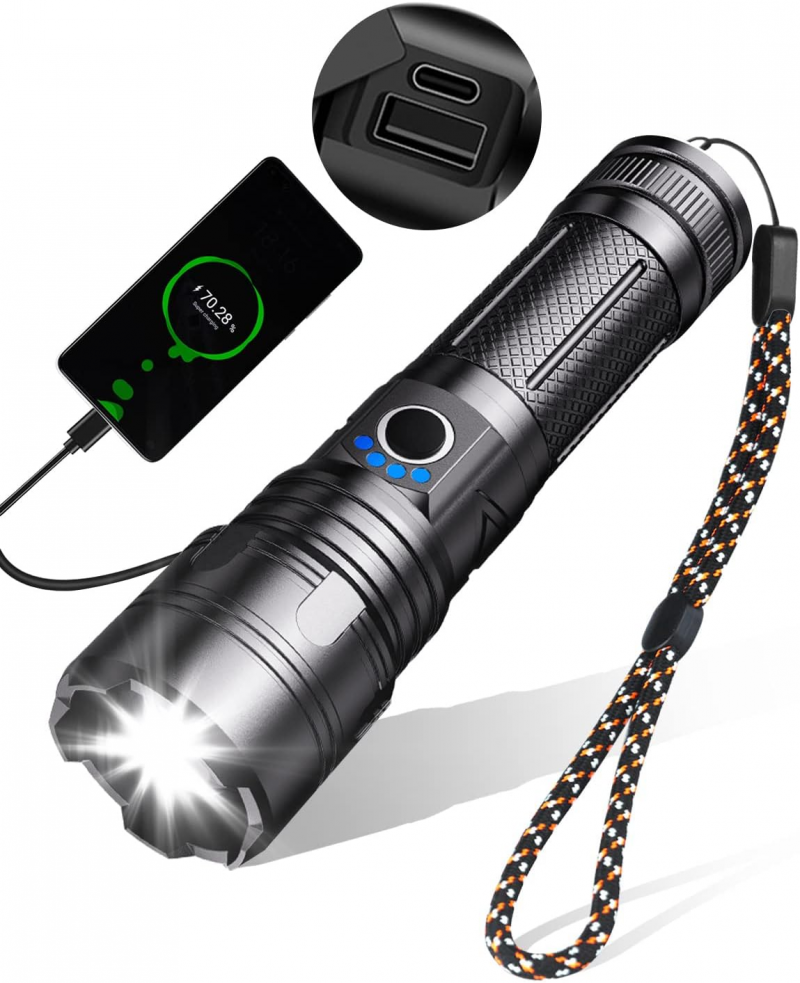 Niezwykle mocna latarka LED, ładowalna, 10 000 lumenów, taktyczna, USB, 5 trybów, wodoodporna IPX5, z zoomem i odporna na wstrząsy