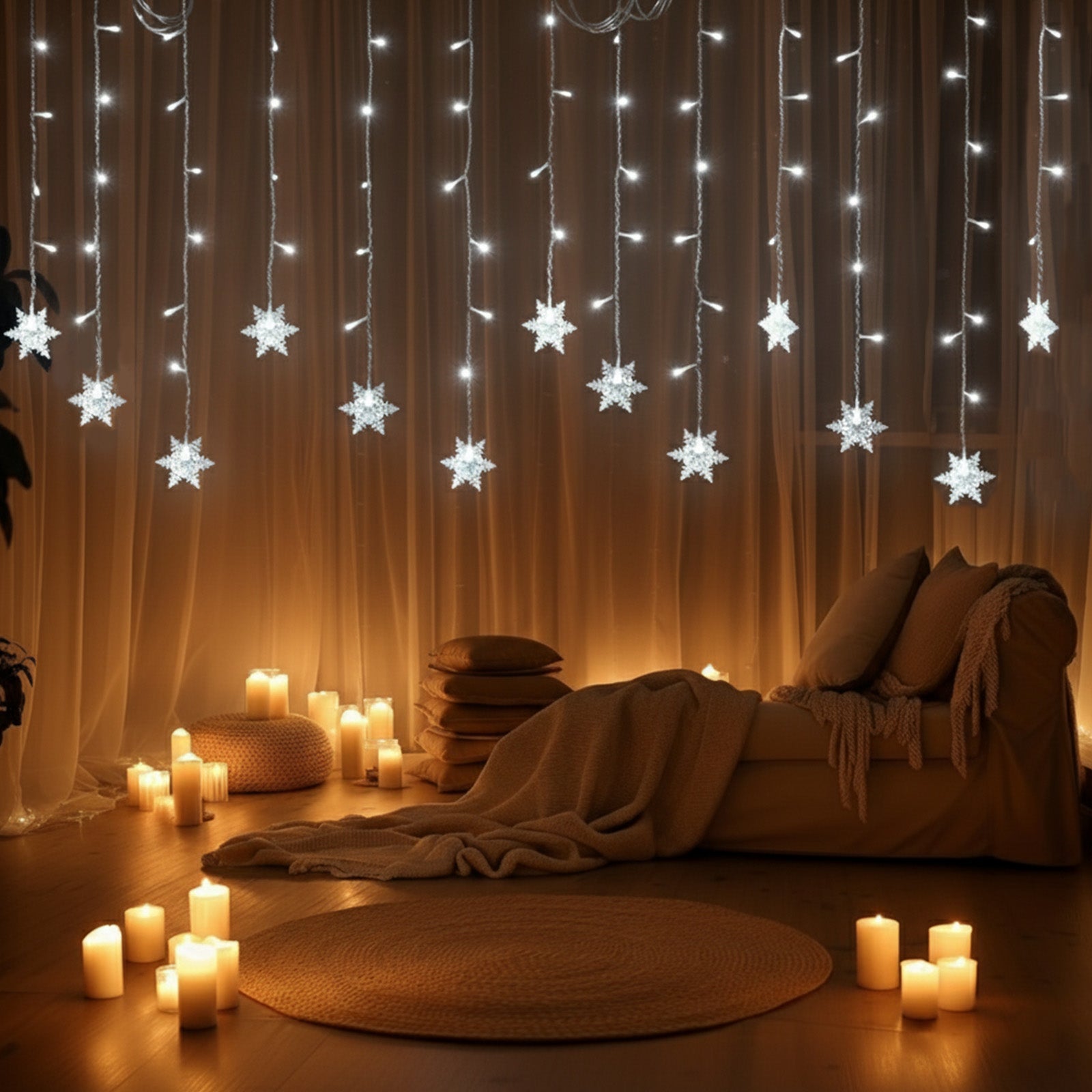 Guirmalda LED Copos de Nieve 8 Modos Impermeable con Temporizador, Decoración Navideña en Ventanas, Bodas y Jardines(Blanco, Dos piezas) - 8