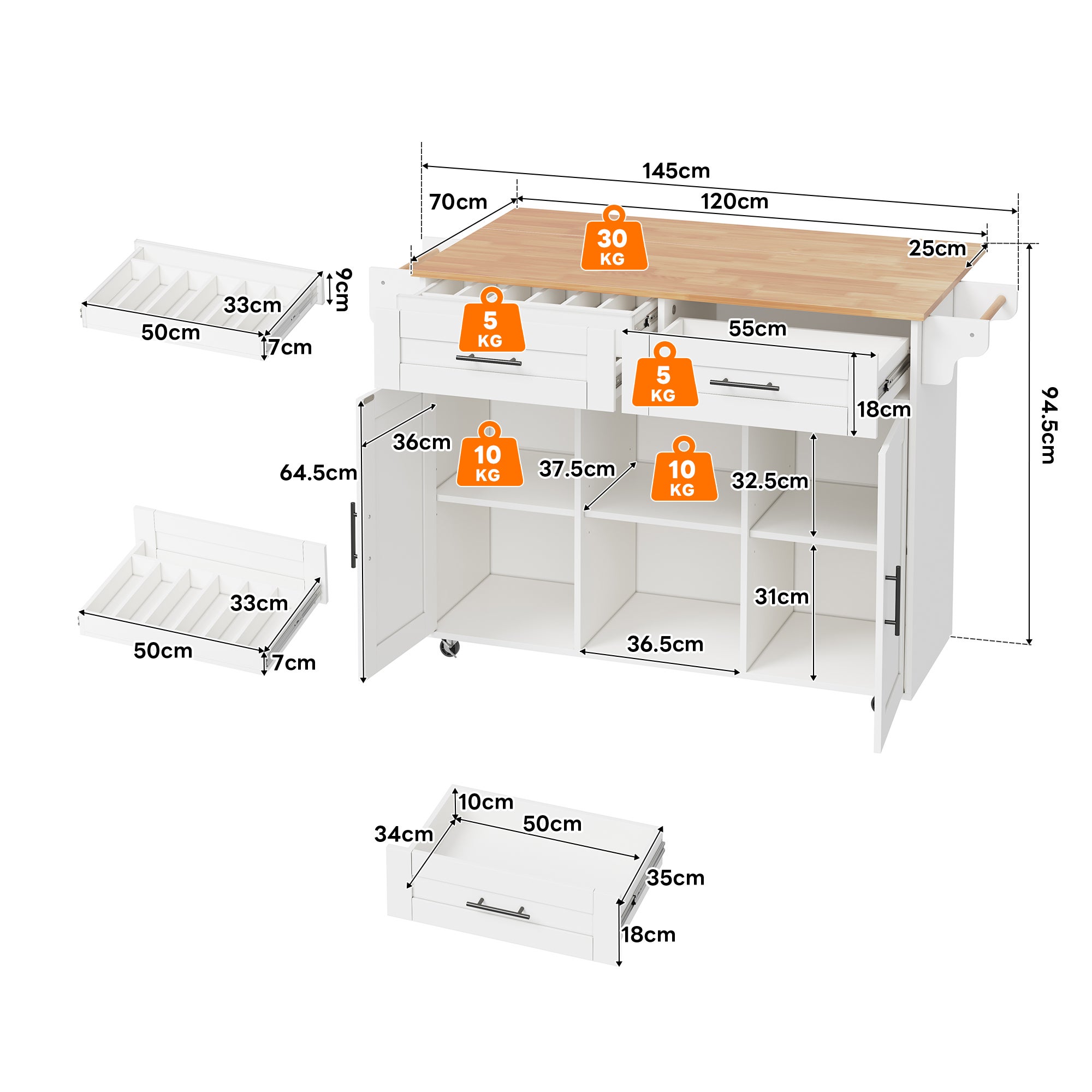 Ilot central de cuisine mobile 145 x 45 x 94,5 cm, Plateau extensible 70 cm,&nbsp;chariot multifonction avec 2 tiroir et 2 porte, porte-serviettes, Blanc - 9