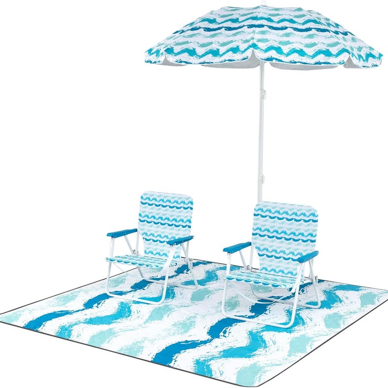 Zestaw 4 Mebli Ogrodowych dla 2 Osób, Krzesła Biurowe na Plażę z Parasolem Plażowym, 1 Mata, Składane, Przenośne, Torba Transportowa (Niebieskie)