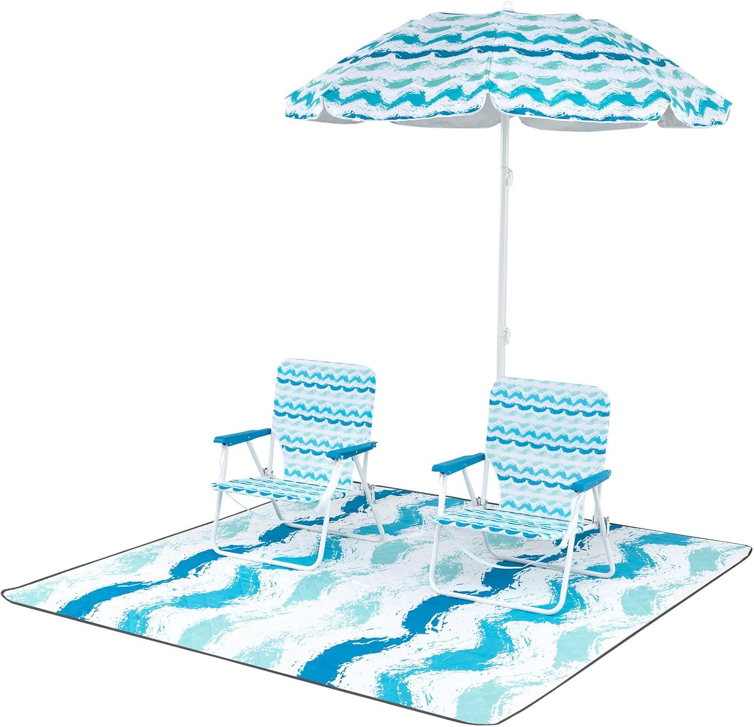 Zestaw 4 Mebli Ogrodowych dla 2 Osób, Krzesła Biurowe na Plażę z Parasolem Plażowym, 1 Mata, Składane, Przenośne, Torba Transportowa (Niebieskie)