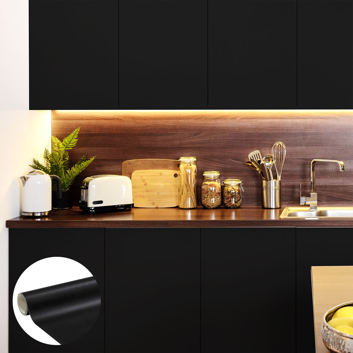 Rollo de vinilo adhesivo impermeable por metro - adhesivo lavable para cocina, muebles, armarios, puertas - 60cmx20m - negro