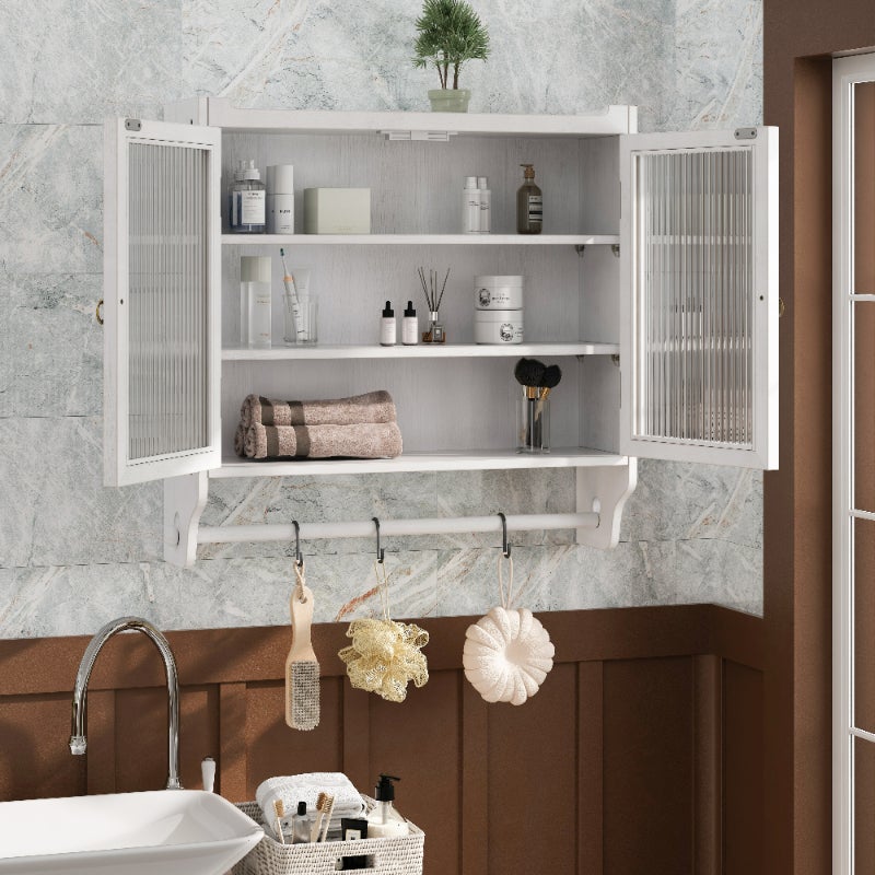 Cabinet mural vintage blanc avec portes vitrées, 3 étagères et porte-serviette, 63 cm - 4