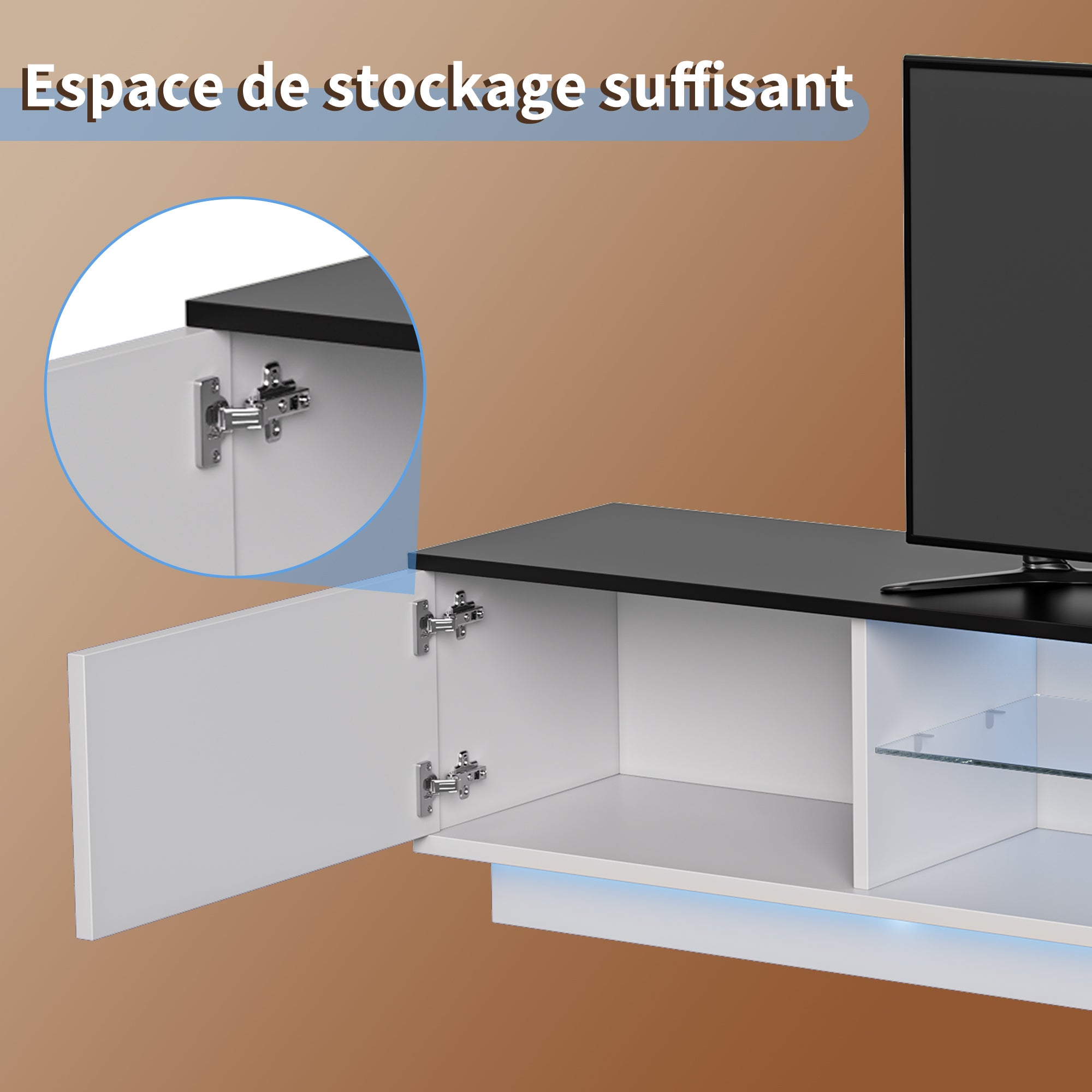 Meuble TV Blanc,Meuble TV Bois avec 2 Portes de Rangement et Étagères en Verre Intégrées,Meuble TV Led,TV Meuble Moderne,130x32x35cm,Blanc - 4