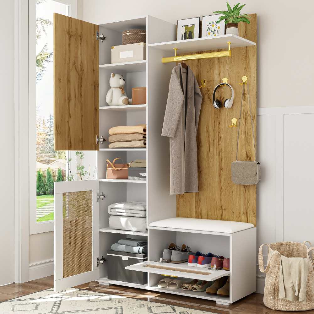 Ensemble de garde-robe moderne Bois et blanc avec miroir, LED, meuble à chaussures et banc - 5