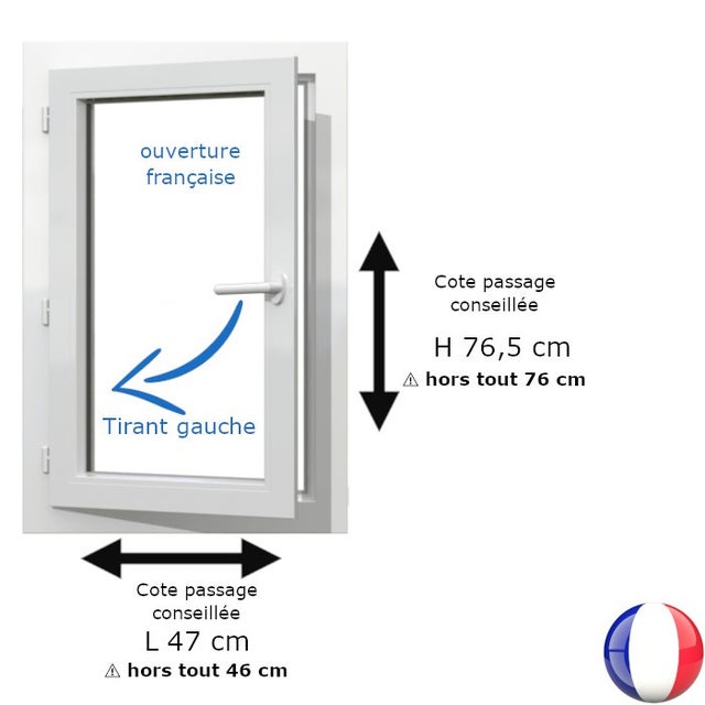 Fenêtre PVC blanc 1 vantail hors tout H 76 x L 46 cm ouverture française pour pose rénovation - tirant gauche