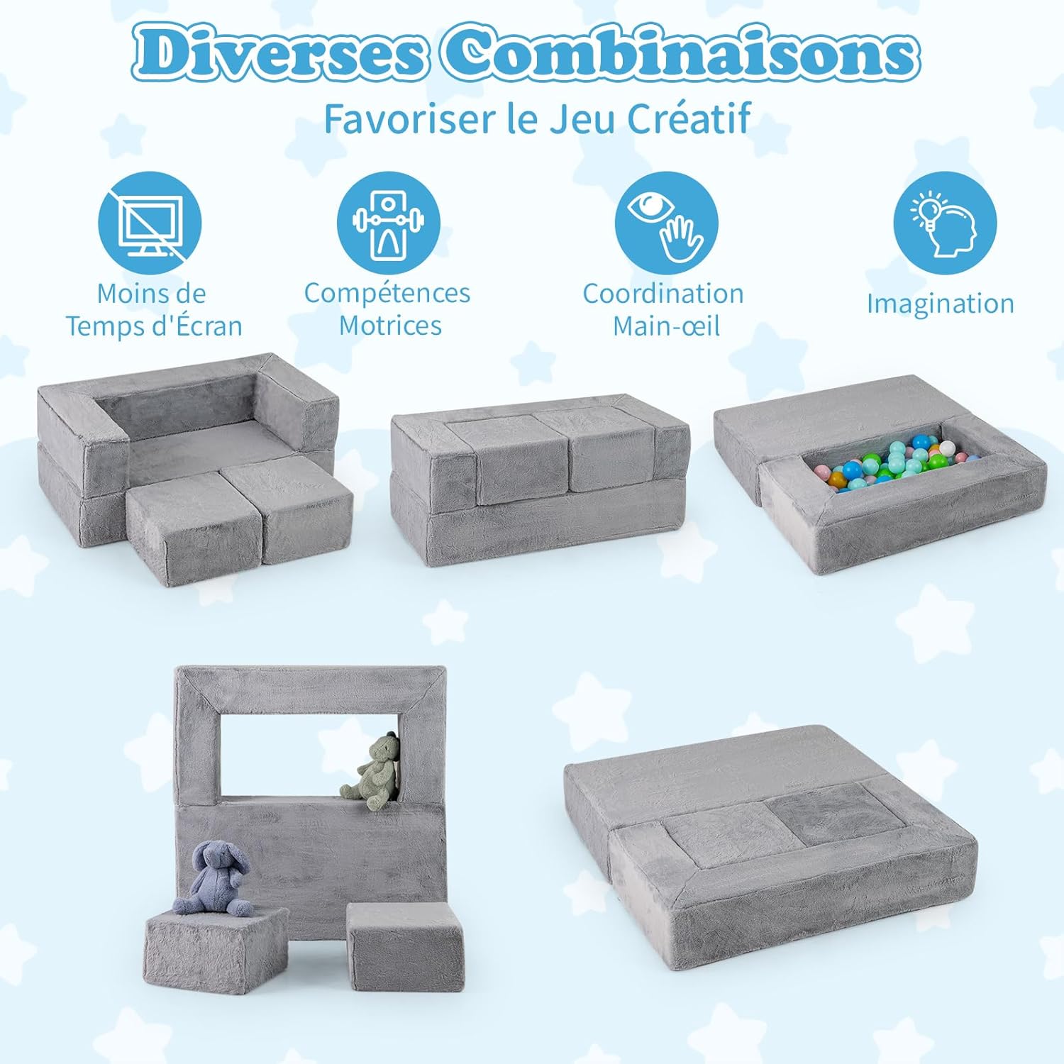 Modułowa Sofa dla Dzieci 2-Osobowa, Rozkładana Sofa z Pianki z Podłokietnikami, Zmywalny Pokrowiec, Fotel dla Dzieci Przekształcany w Pluszową Zabawkę - 2