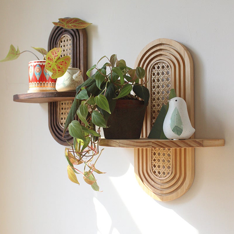 Étagères murales flottantes, ensemble de 2 étagères bohèmes en rotin, petite étagère décorative murale unique, étagères naturel pour salon - 2