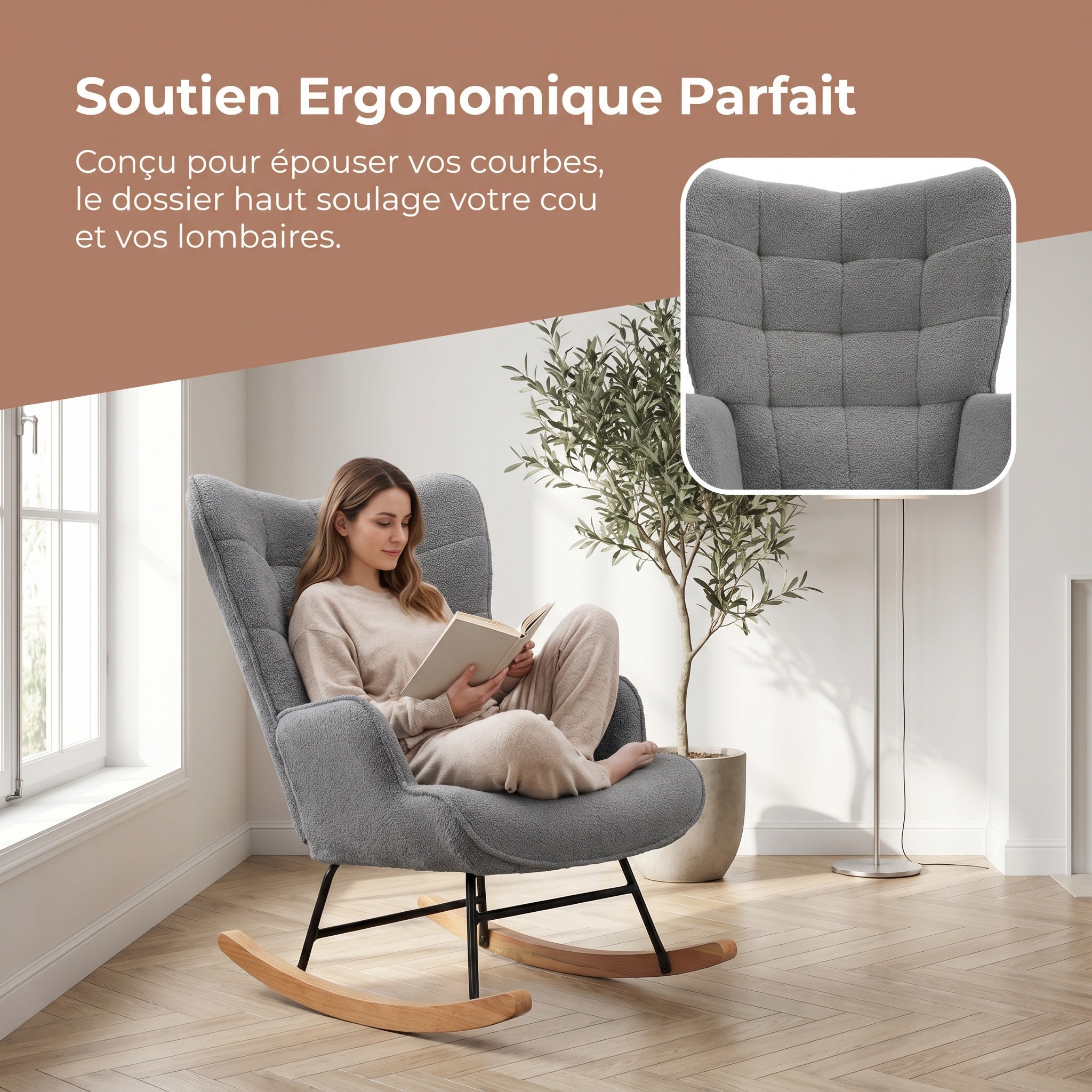 Fauteuil à Bascule, Rocking Chair d'Allaitement - Structure en métal et pieds bois massif, Maximale : 150 kg, Tissu Peluche Teddy, Gris, 75x68x92 cm - 4