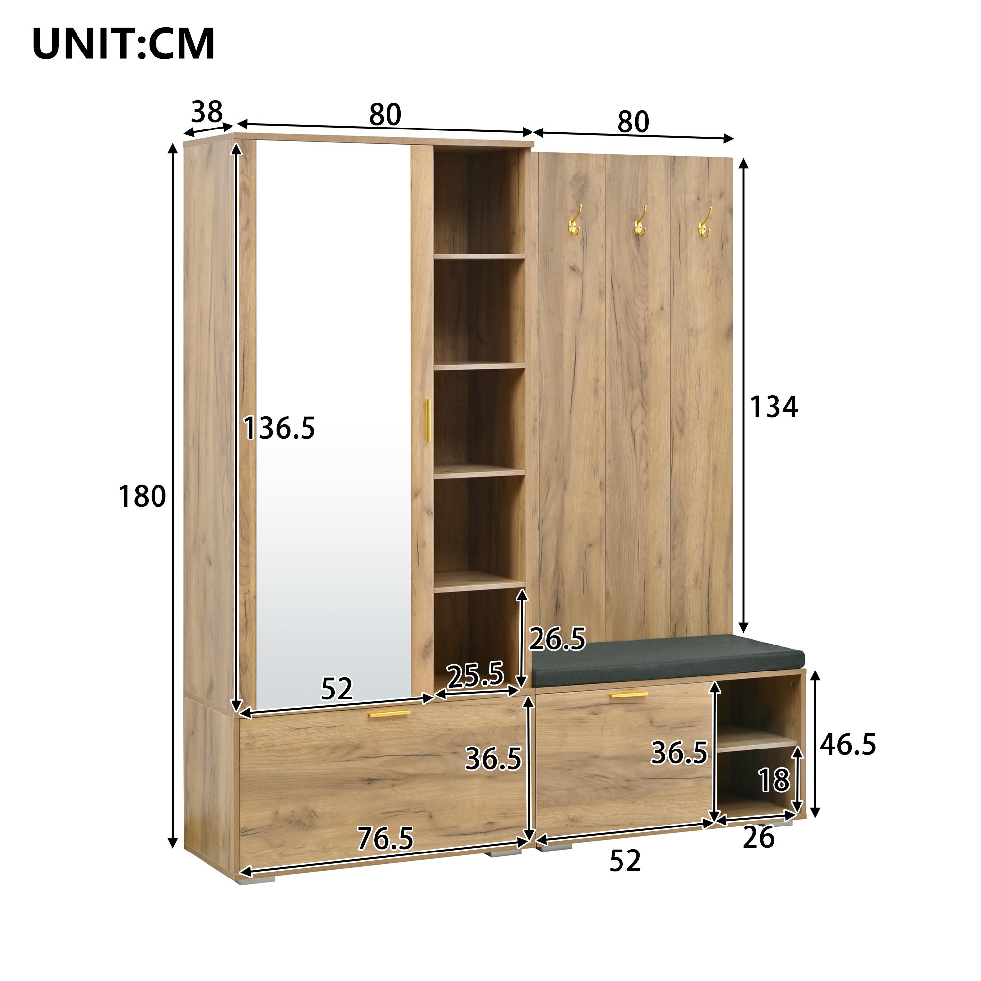 Set scarpiera con panca, specchio, 4 ganci, attaccapanni e 3 ante - 160 x 38 x 180 cm - Truciolare - Naturale - 7