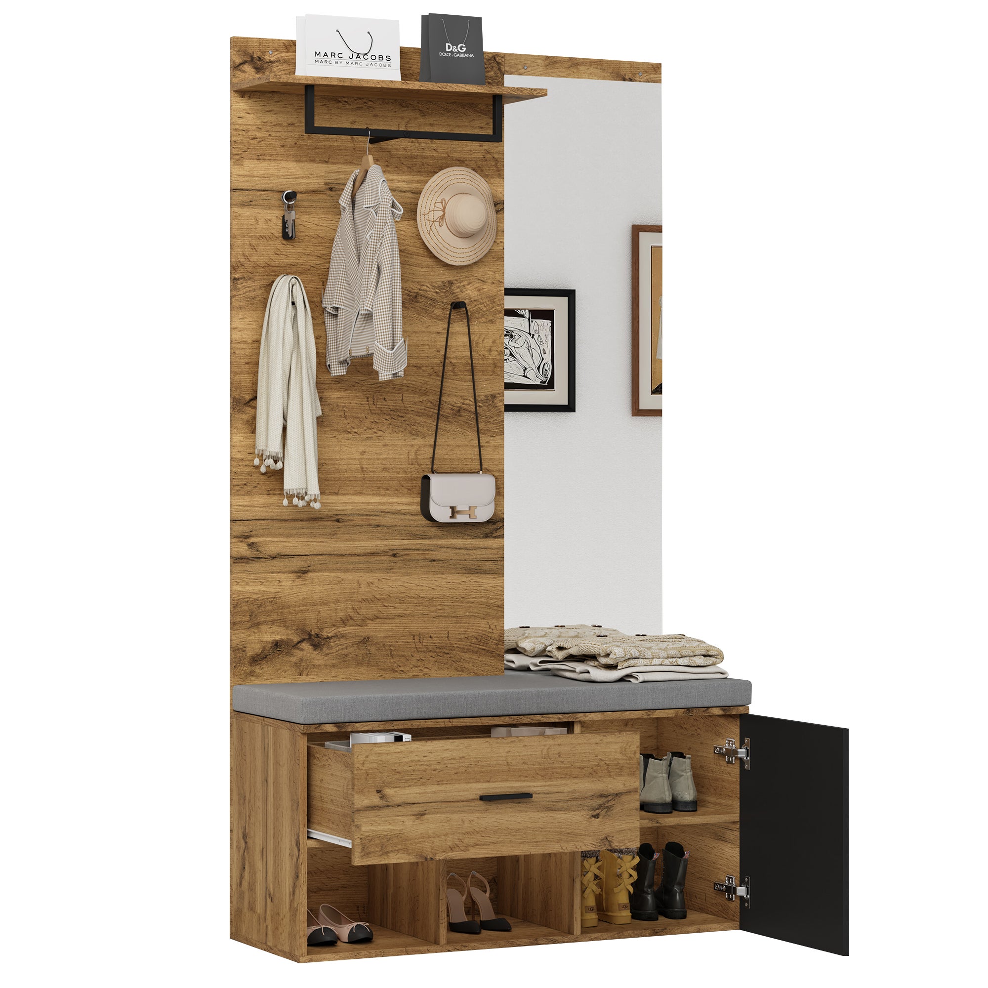 Scarpiera con panca, specchio e appendiabiti - 104 x 39 x 190 cm - Truciolare - Rovere - 7