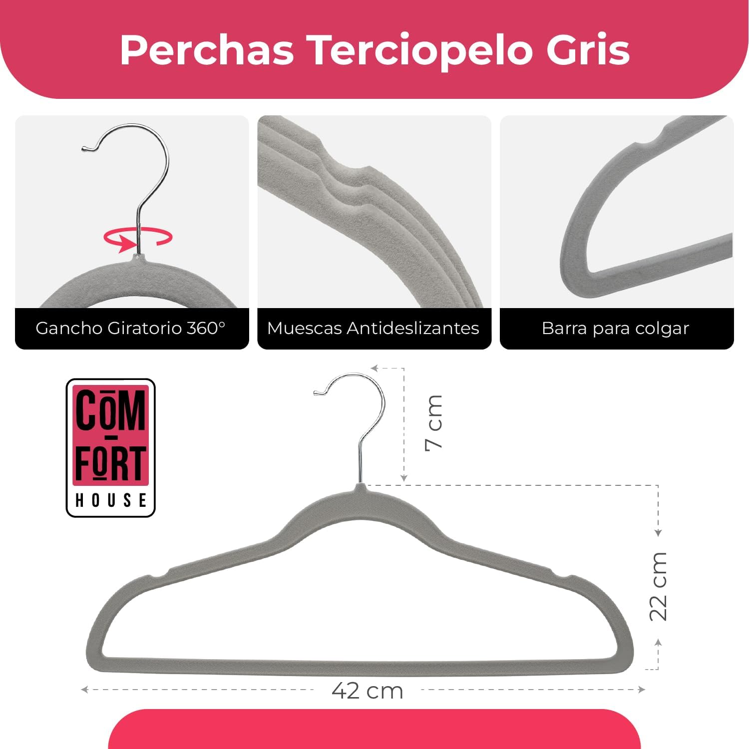 CASA COM-FORT | Cabide de Veludo | Cor Cinza | Antiderrapante e resistente | Cabides para roupas 40 Unidades | - 2