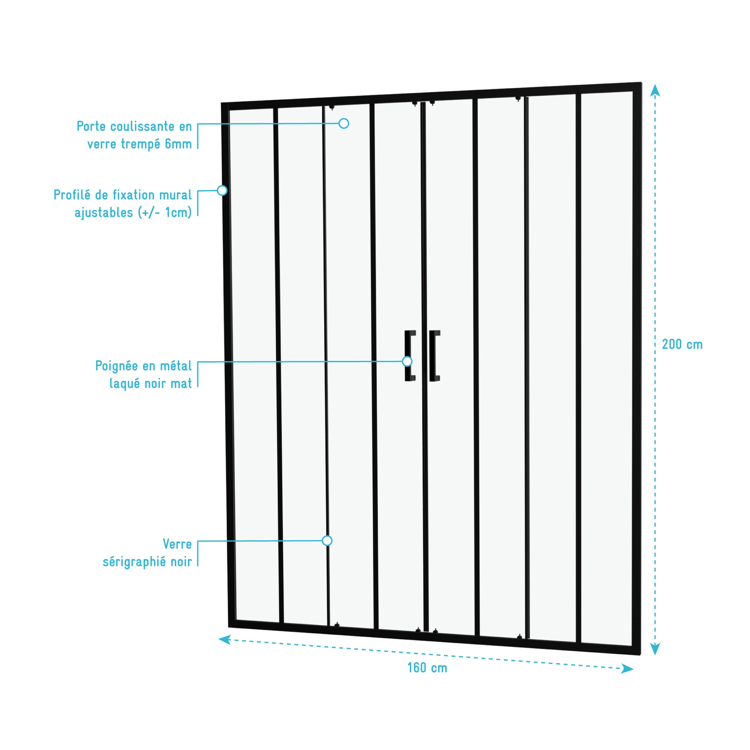 Paroi de douche 2 portes coulissantes 160x200 cm - Verre sérigraphié - Profilé Noir - CRUSHX - 4
