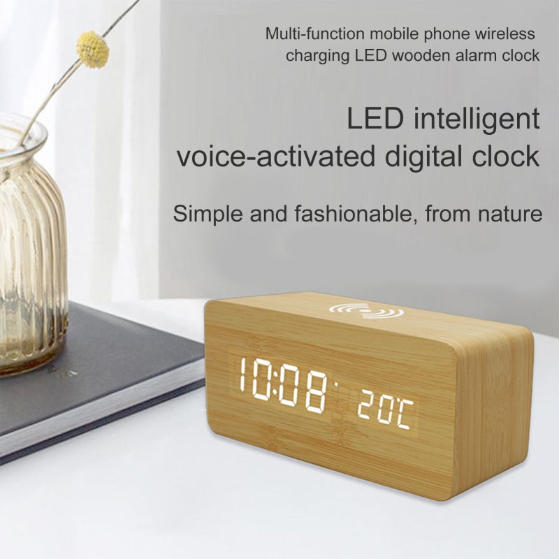 Orologio Digitale In Legno Con Ricarica Wireless 10W – 3 Allarmi, Display LED, Data, Temperatura, 2 Modalità, 3 Livelli Di Luminosità, Formato 12/24h, Per Camera Da Letto
