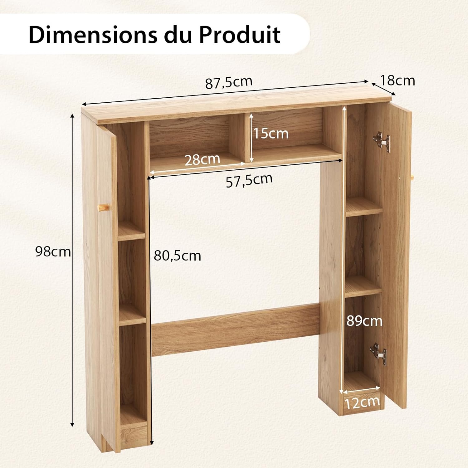 Meuble WC Au-Dessus de Toilettes/Meuble de Rangement- 18 x 87,5 x 98 cm (Naturel) - 4