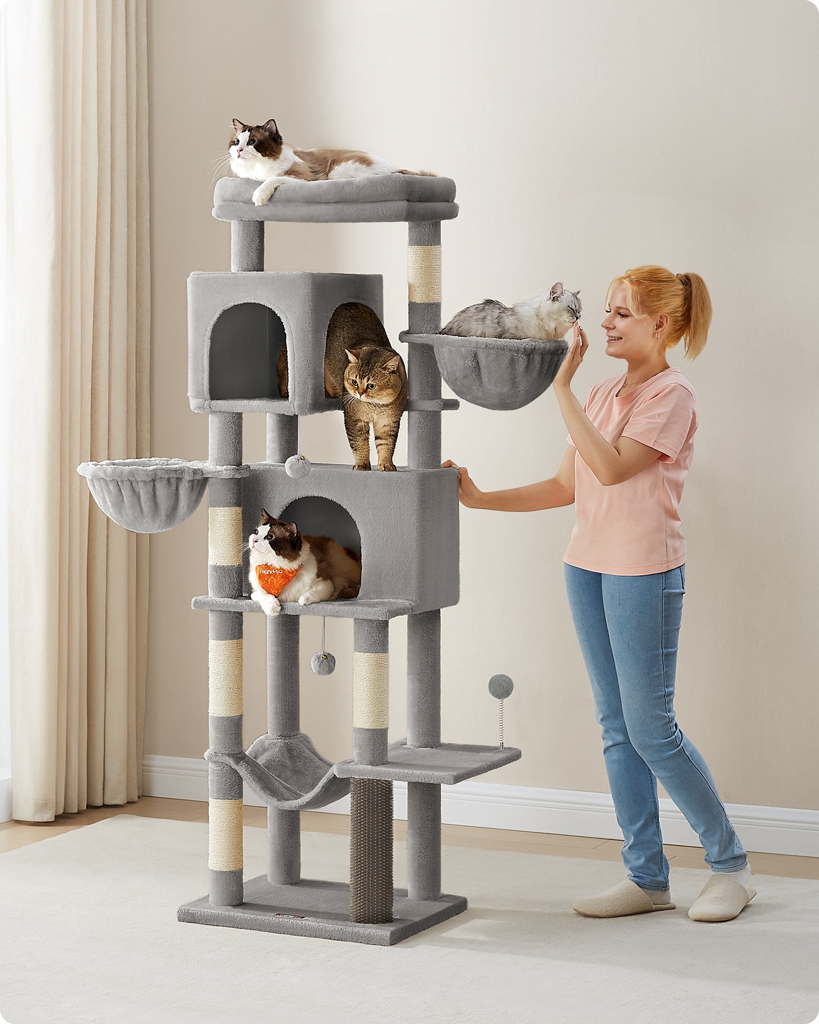Árbol para Gatos de 175 cm, Multinivel con 2 Cuevas, 2 Cestas, 5 Rascadores, Plataforma, Hamaca, Gris - 2