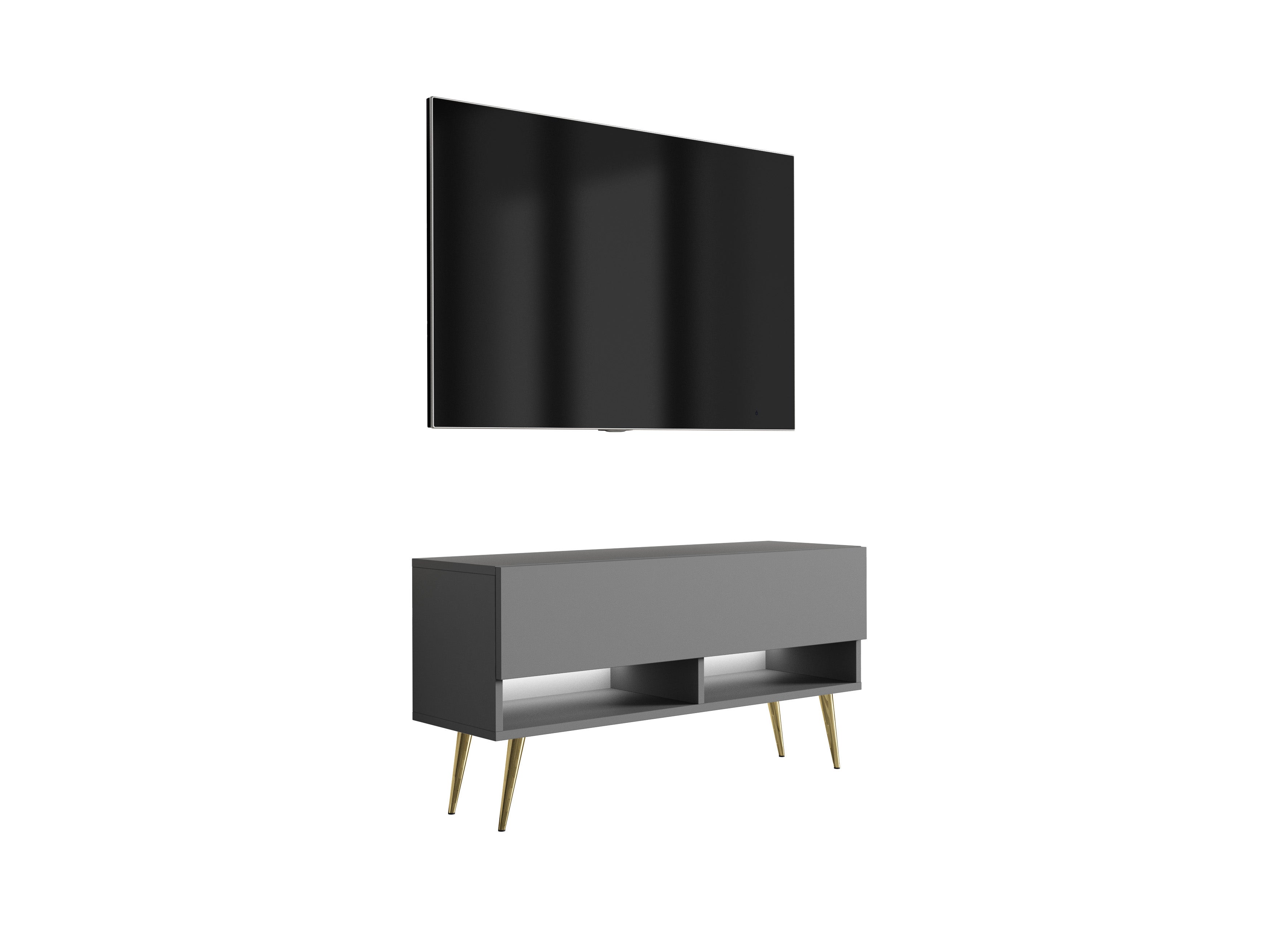 Szafka RTV : Antracyt, nóżki pochyłe złote, LED biały, 100 × 32 × 52 cm