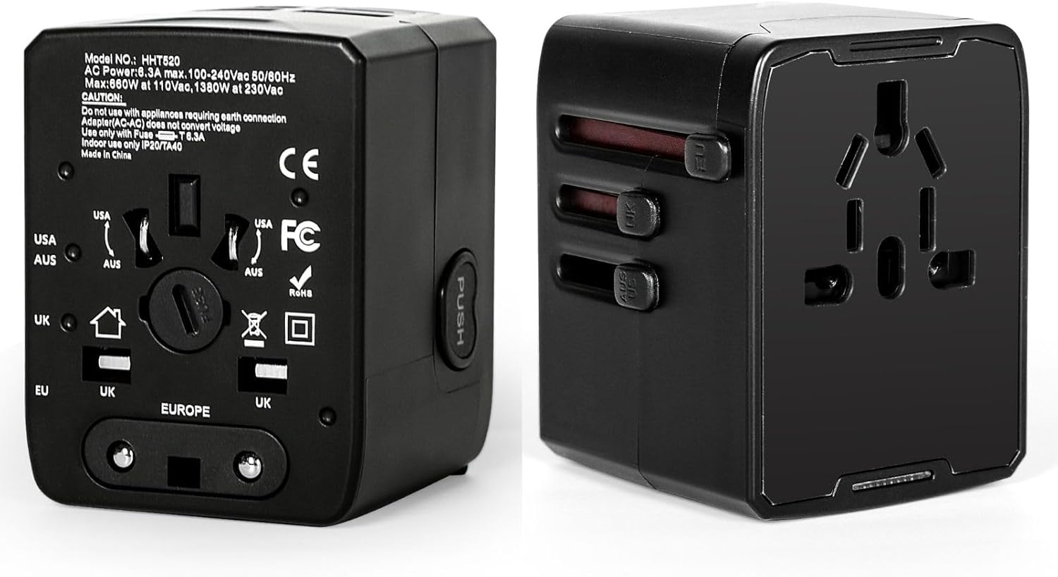 Międzynarodowy Adapter Podróżny – 3 Porty USB + 1 Type-C, Kompatybilny z Ponad 150 Krajami, Uniwersalna, Kompaktowa i Niezawodna Ładowarka
