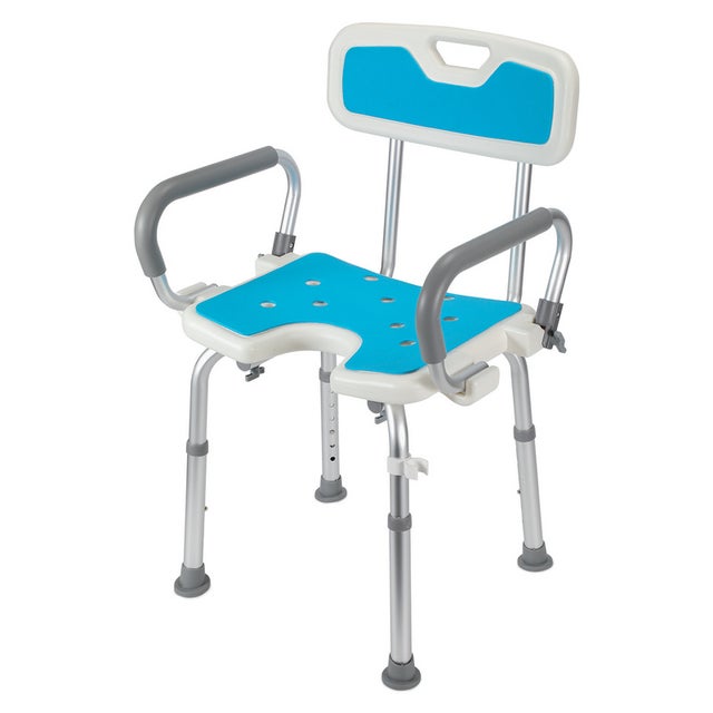 Siège de douche réglable en hauteur tabouret de douche antidérapants charge max.136 Kg alu HDPE blanc Bleu Accoudoir réversible