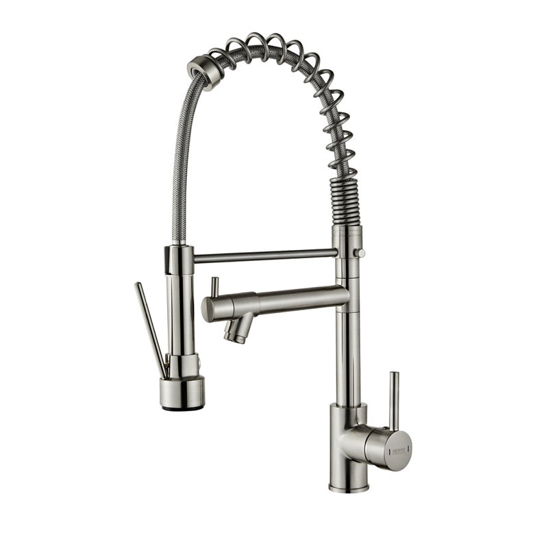 Bateria kuchenna, bateria zlewozmywakowa z wyciąganą wylewką, 2 funkcje, wylewka obrotowa 360°, bateria zlewozmywakowa - szczotkowane srebro