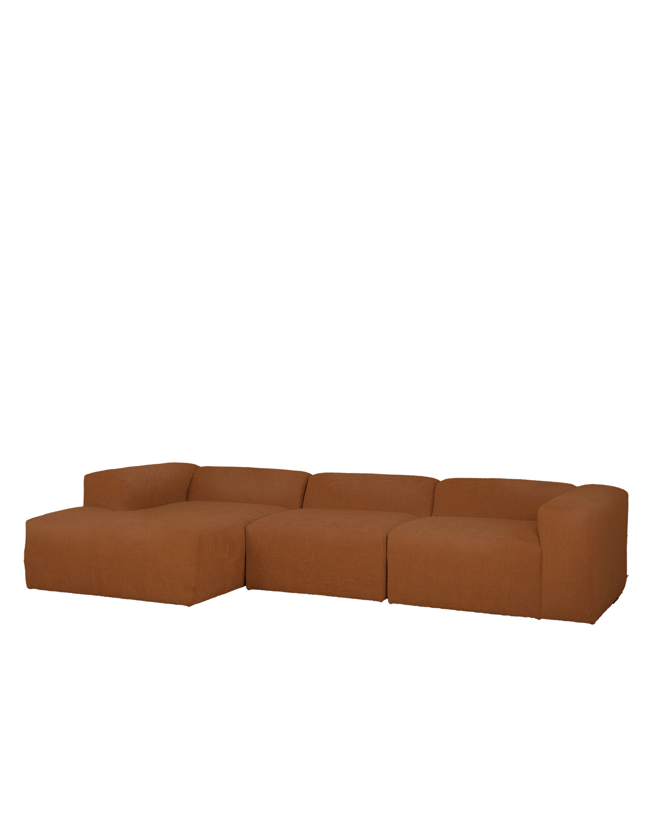 Sofá de 3 módulos con chaise longue izquierdo de bouclé cobre 330x70x172cm
