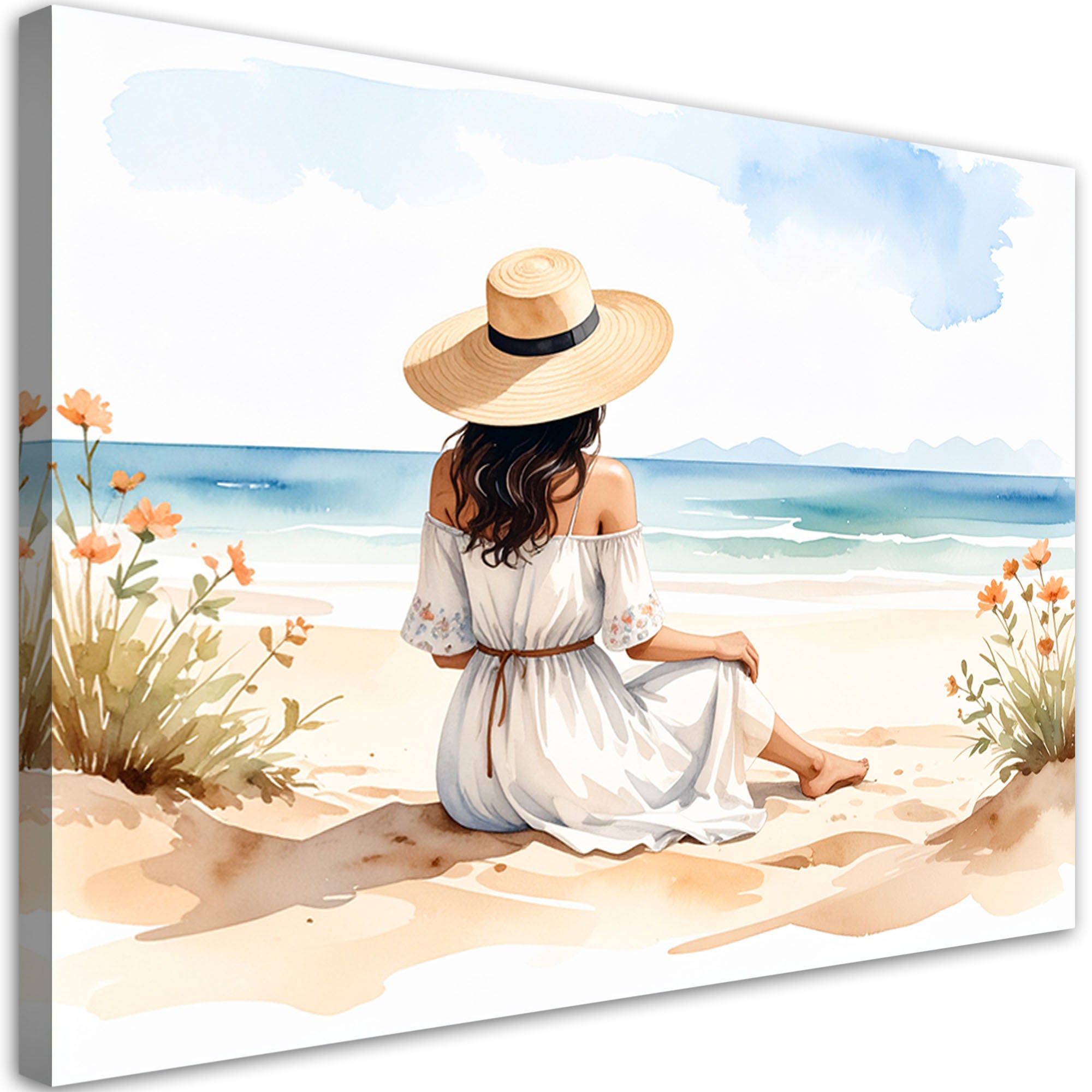 Obraz do salonu sypialni, Kobieta w kapeluszu na plaży 90x60