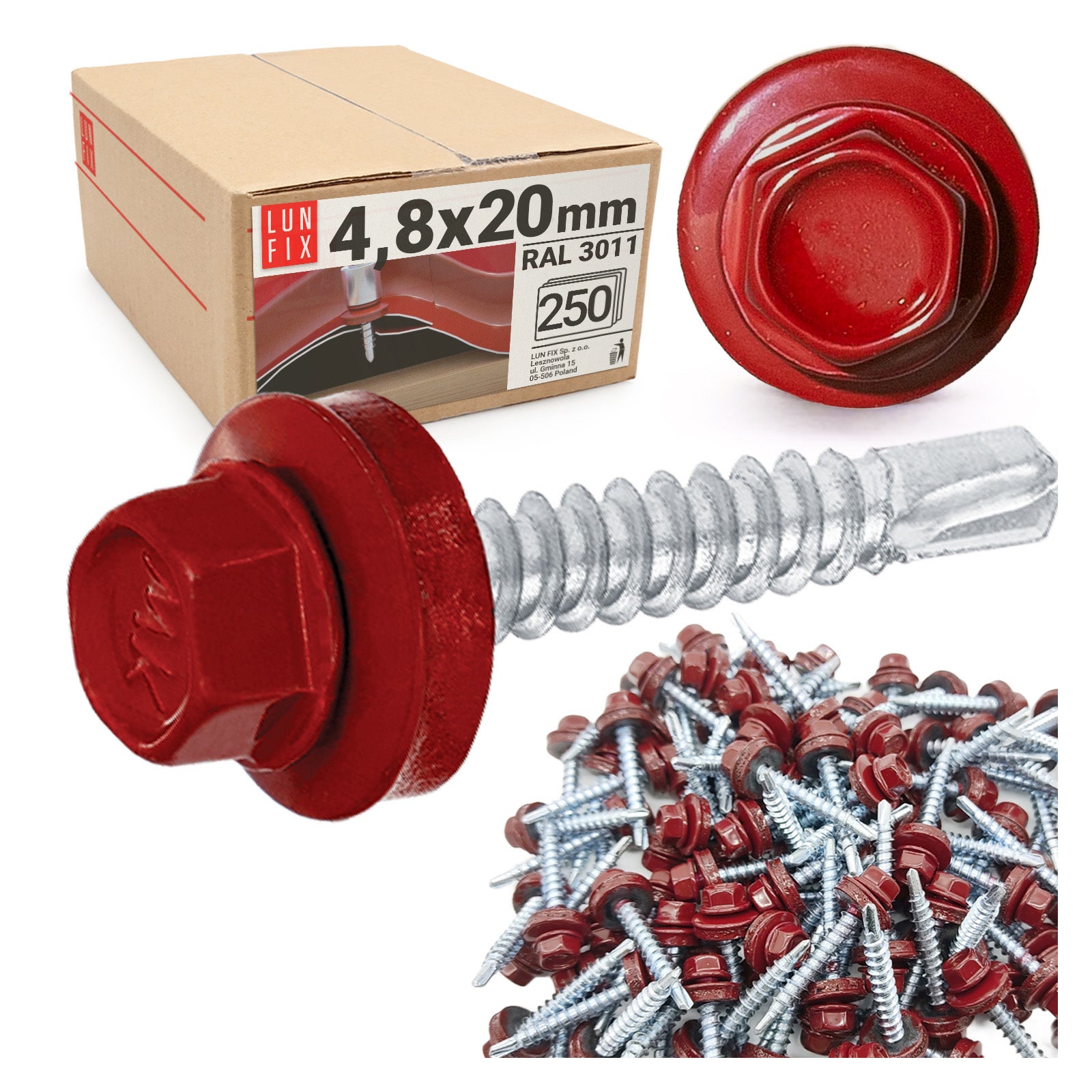 Blachowkręty wkręty farmerskie 4,8x20mm RAL311 czerwony 250szt.