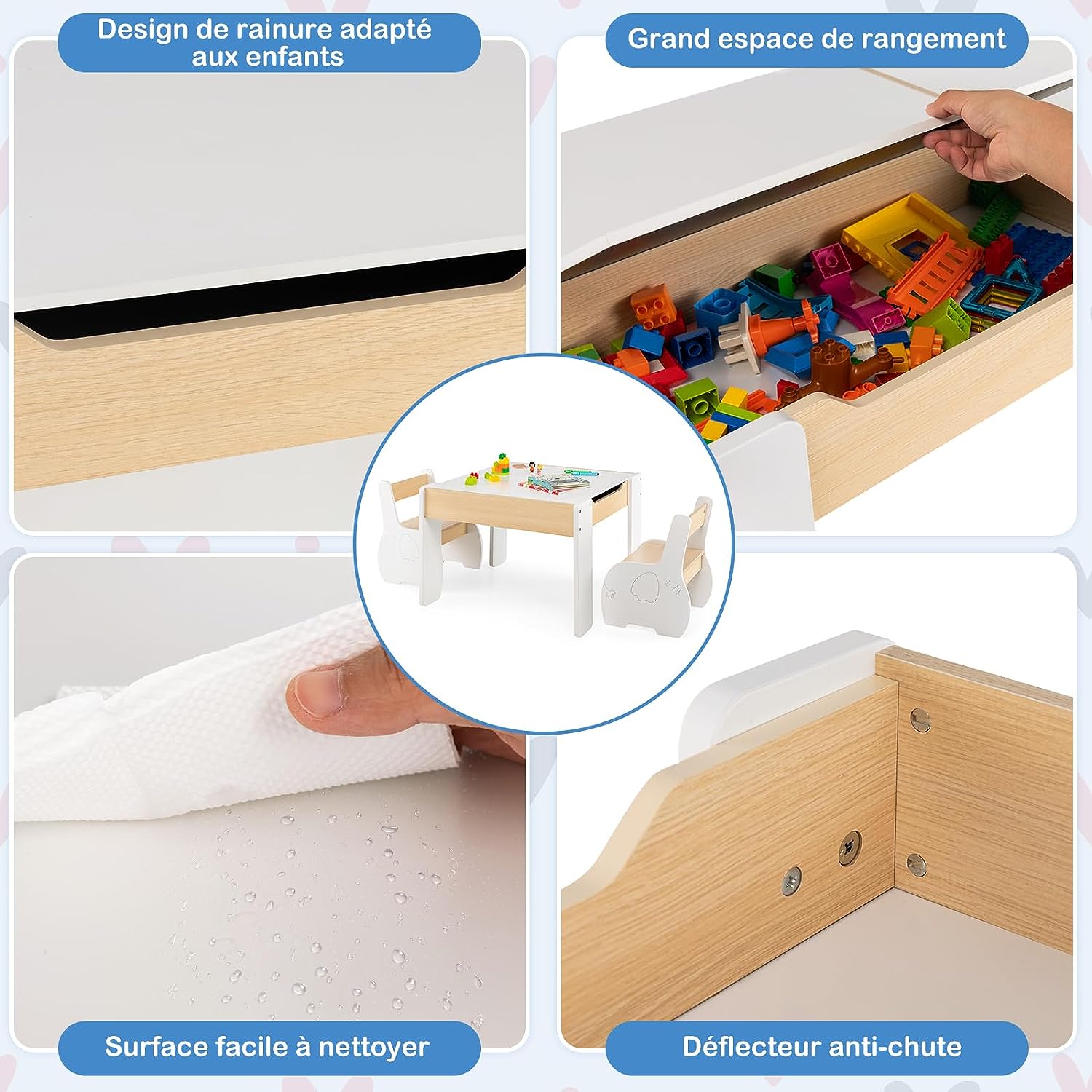 3 in 1 Set Tavolo e Sedie per Bambini, Tavolo da Attività per Bambini con 2 Sedie, Lavagna Rimovibile e Deposito, per Giocare, Disegnare e Leg - 3