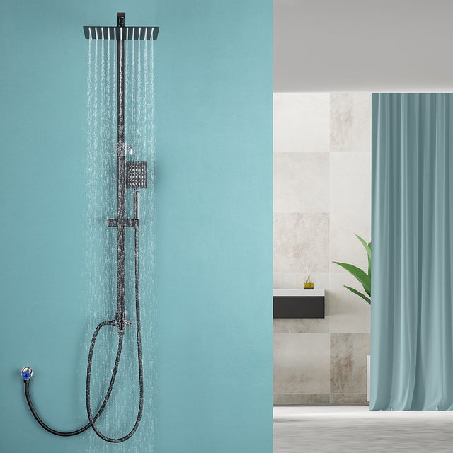 Colonne de Douche Noir Carré (Sans Robinet) 2 Fonctions Ensemble de Douche avec Douchette à Main, Hauteur Réglable 69 - 113 cm