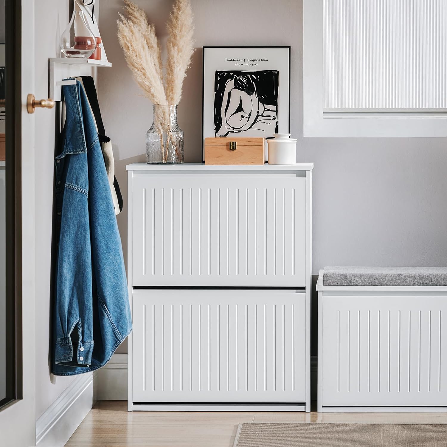 SoBuy FSR165-K-W Meuble à Chaussures Meuble d'entrée Meuble de Rangement à Chaussures avec 2 Abattants, Blanc - 2