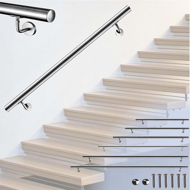 Main courante, inox 304, rampe d'escalier ronde 200cm, avec 2 supports muraux, Ø42.4mm, en kit complet, intérieur & extérieur