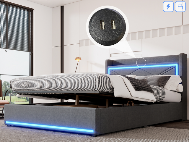 Cama contenedor 140x200 cm en tejido de lino - con LED y puertos USB - Gris