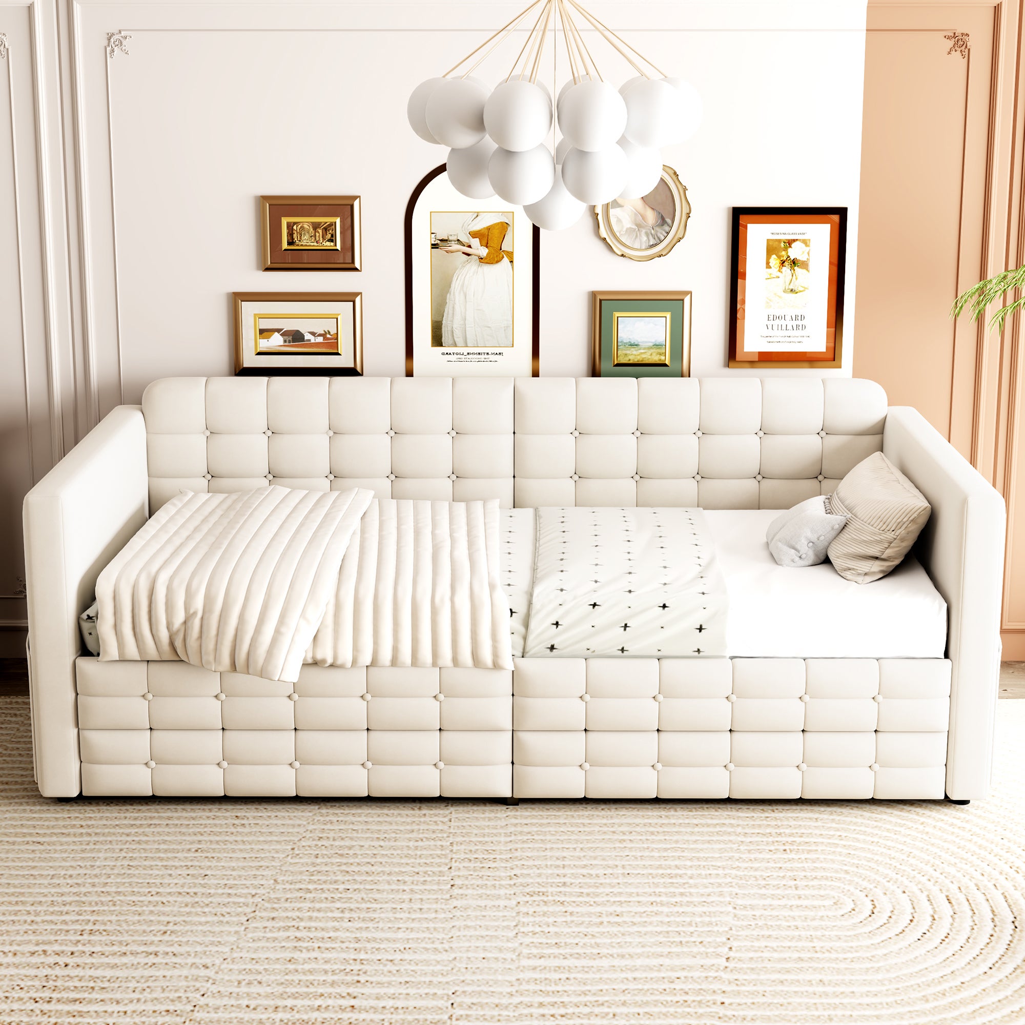 Sofa tapicerowana z funkcją spania 90x190cm - ze schowkami - z 2 szufladami - tkanina welurowa - kolor beżowy (materac nie jest wliczony w cenę) - 2