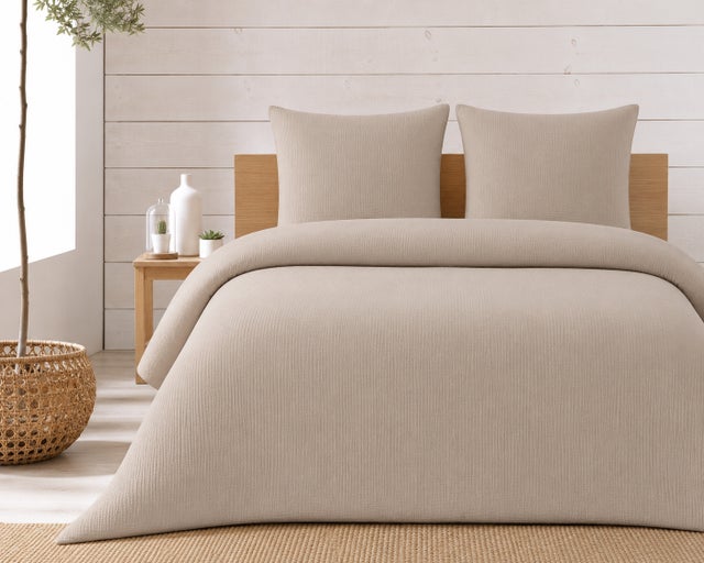 Parure de lit complète 240 x 220 cm gaze de coton – 2 taies 63x63 cm + drap housse 140x190 cm Sable