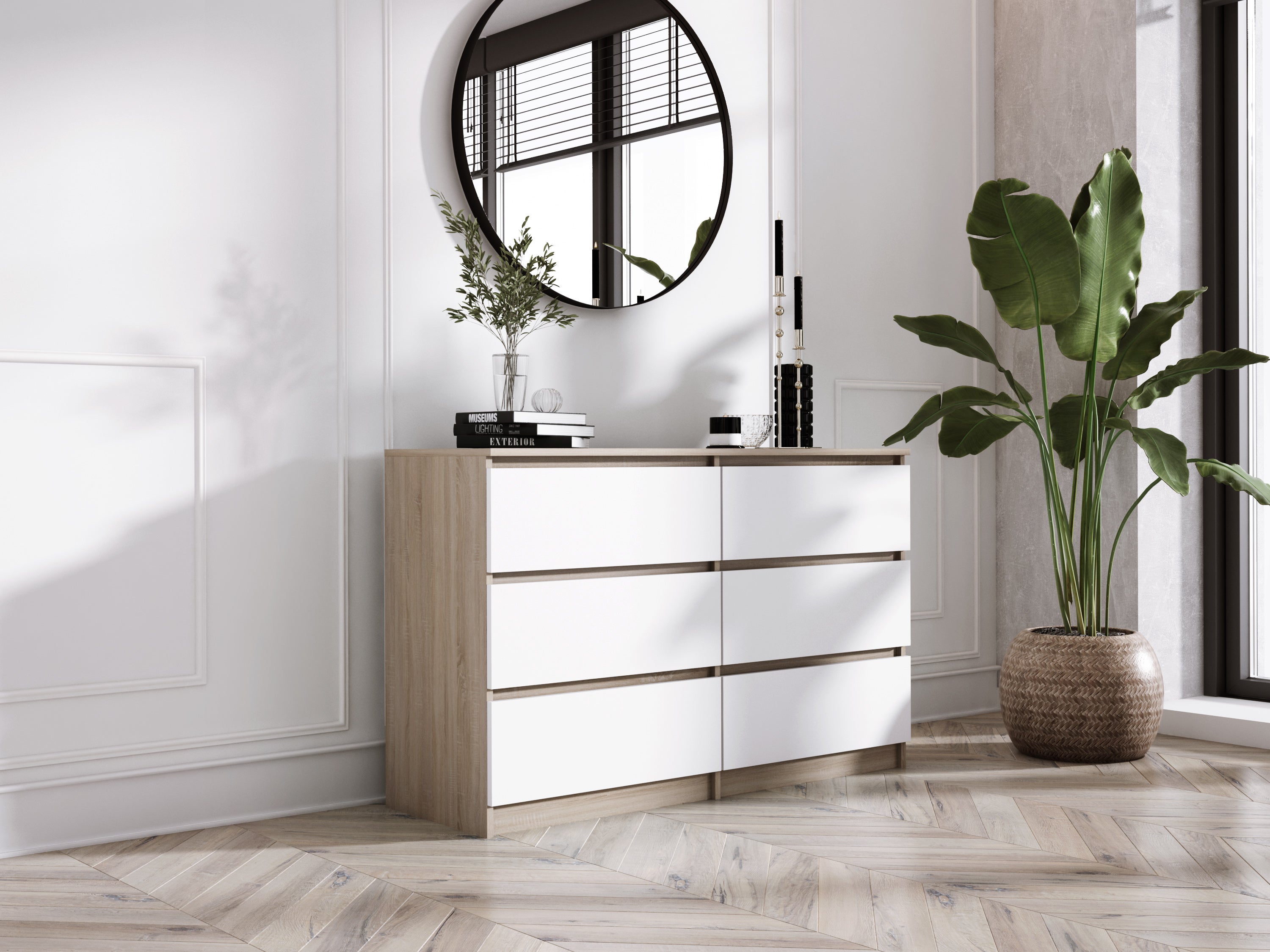 Commode 6 Tiroirs : Chêne Sonoma / Blanc Mat, 120 x 39 x 79 cm - 2