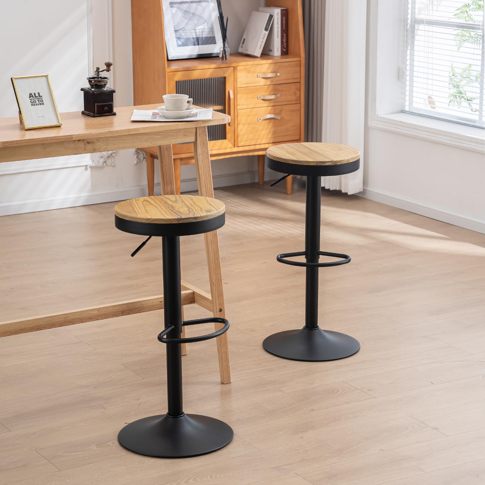 CLP Set Di 2 Sgabelli Da Bar Industriali Hanam In Metallo E Legno: Regolabili In Altezza Con Schienale E Poggiapiedi, Portata 120 Kg, Facili Da Pulire (Finitura Bronzo)