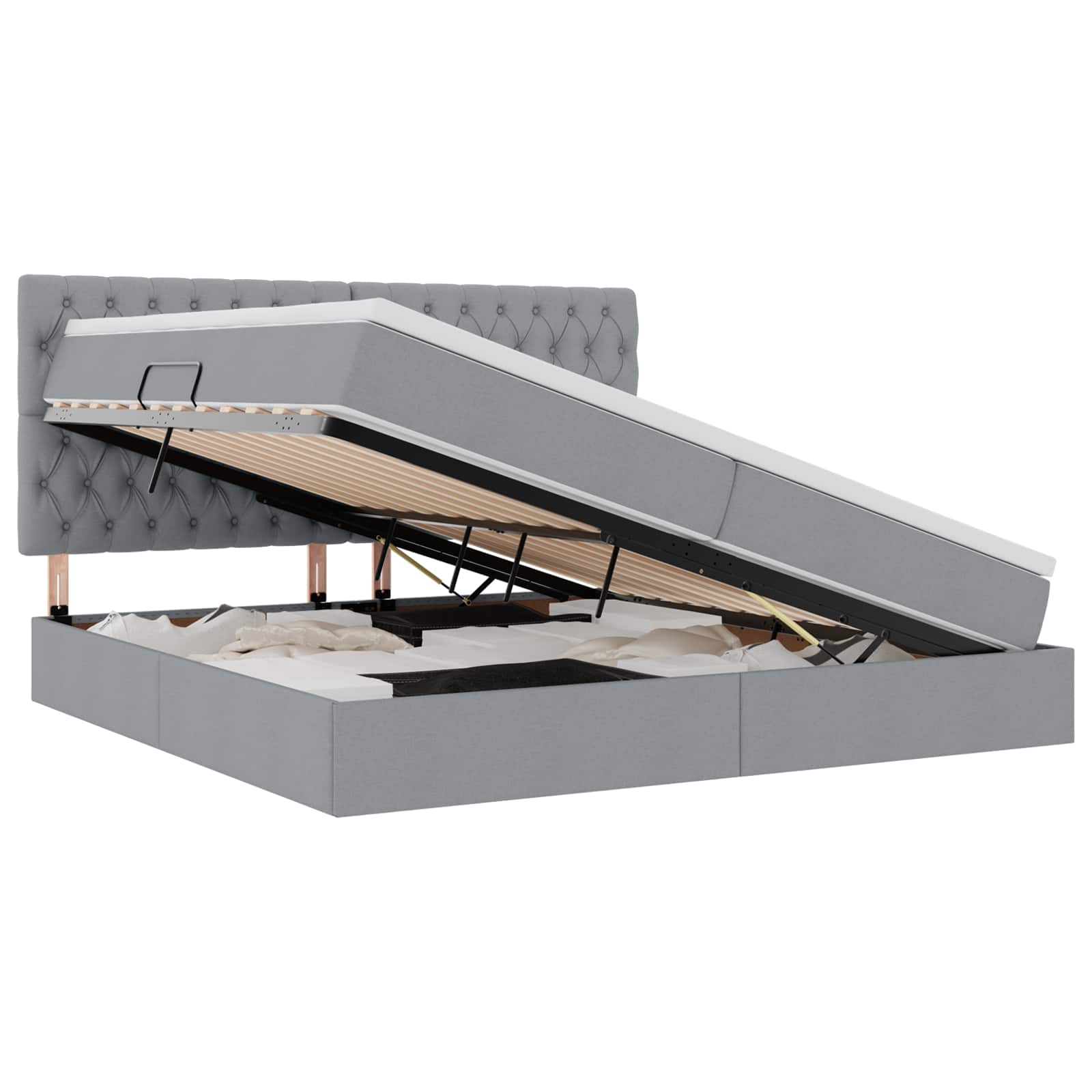 Lit avec rangement et matelas, en tissu gris clair, pour la chambre, 200 × 200 cm - 2