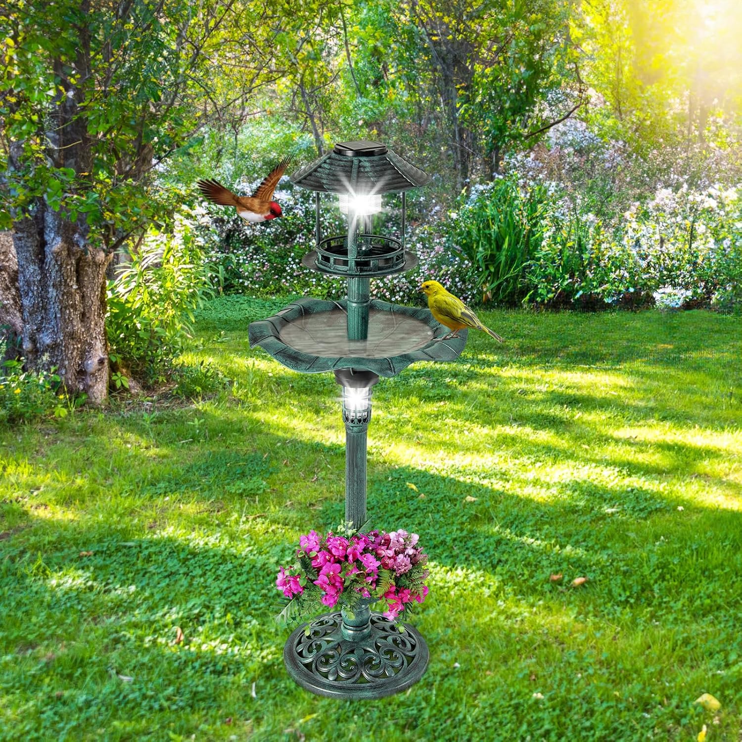 Bain d'oiseaux sur Pied Solaire, Mangeoire Oiseaux Extérieur avec 2 Lampes à Energie Solaire, Support Remplissable, 3 Piquets pour Jardin, Cour - 7