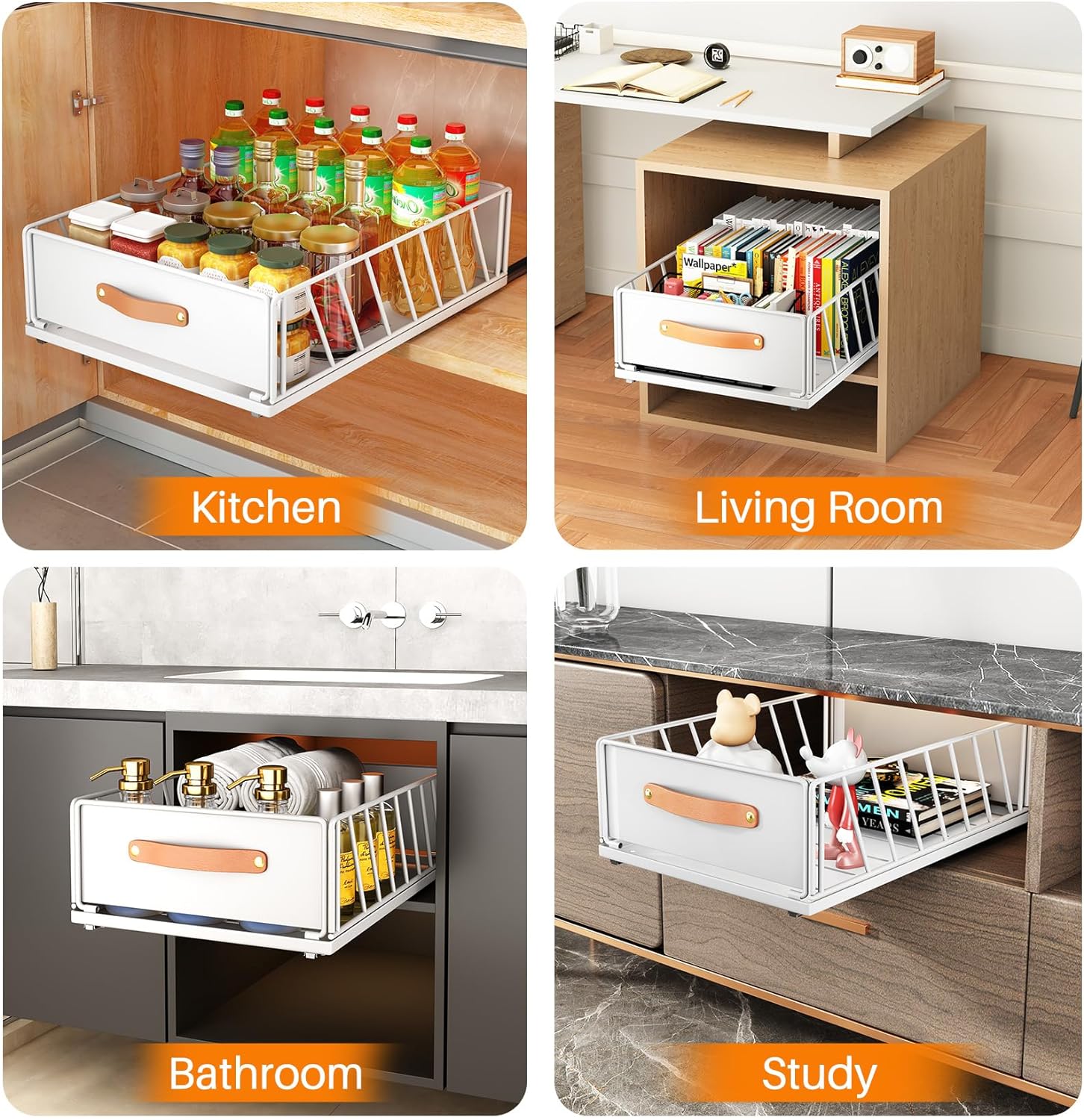 Przesuwne szuflady kuchenne, organizery do szafek przesuwnych, kosze siatkowe z uchwytami, 30 cm, białe - 5