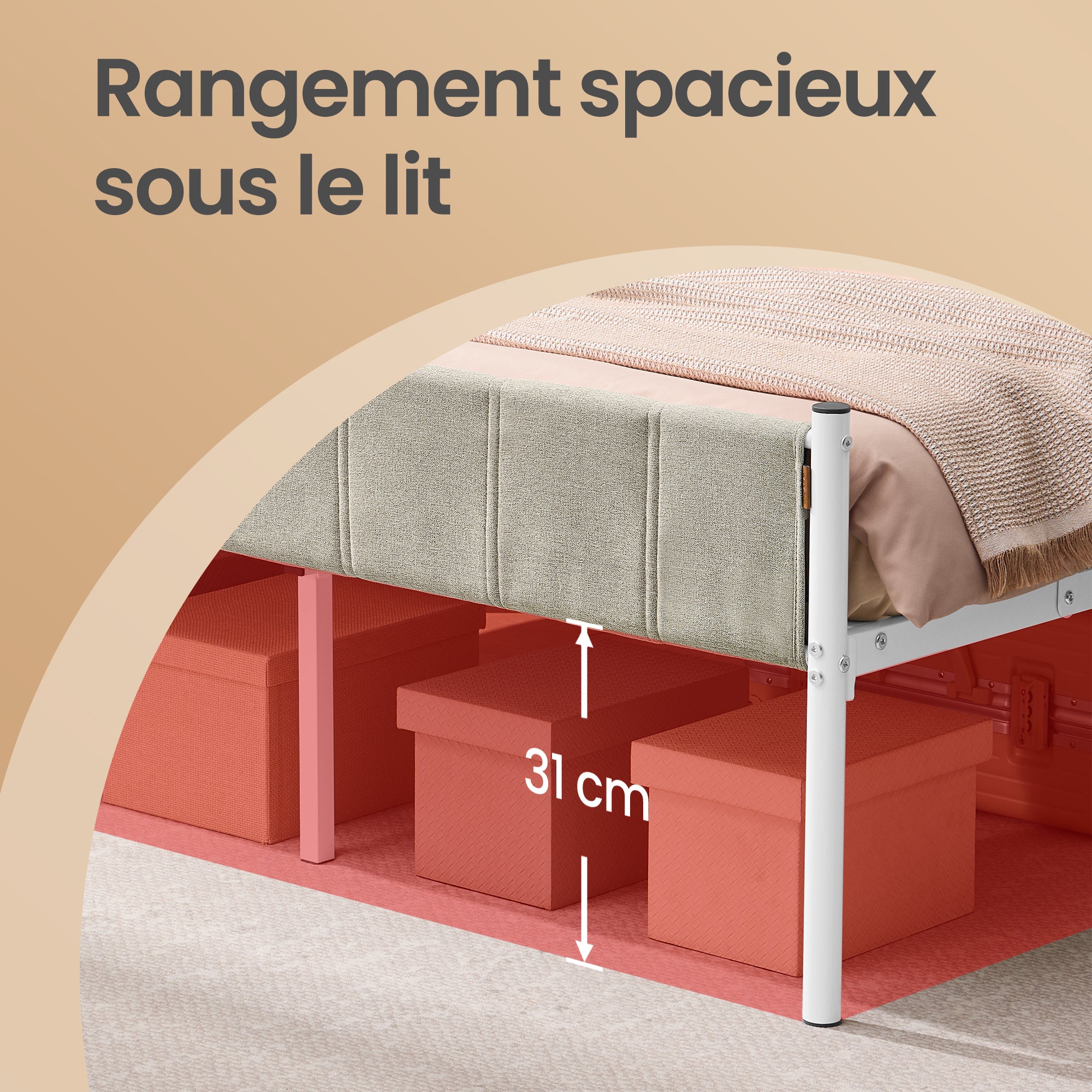 Lit Simple avec Structure en Acier, 90 x 190 cm, Chambre, Tête de Lit Capitonnée, Montage Rapide, Beige - 7