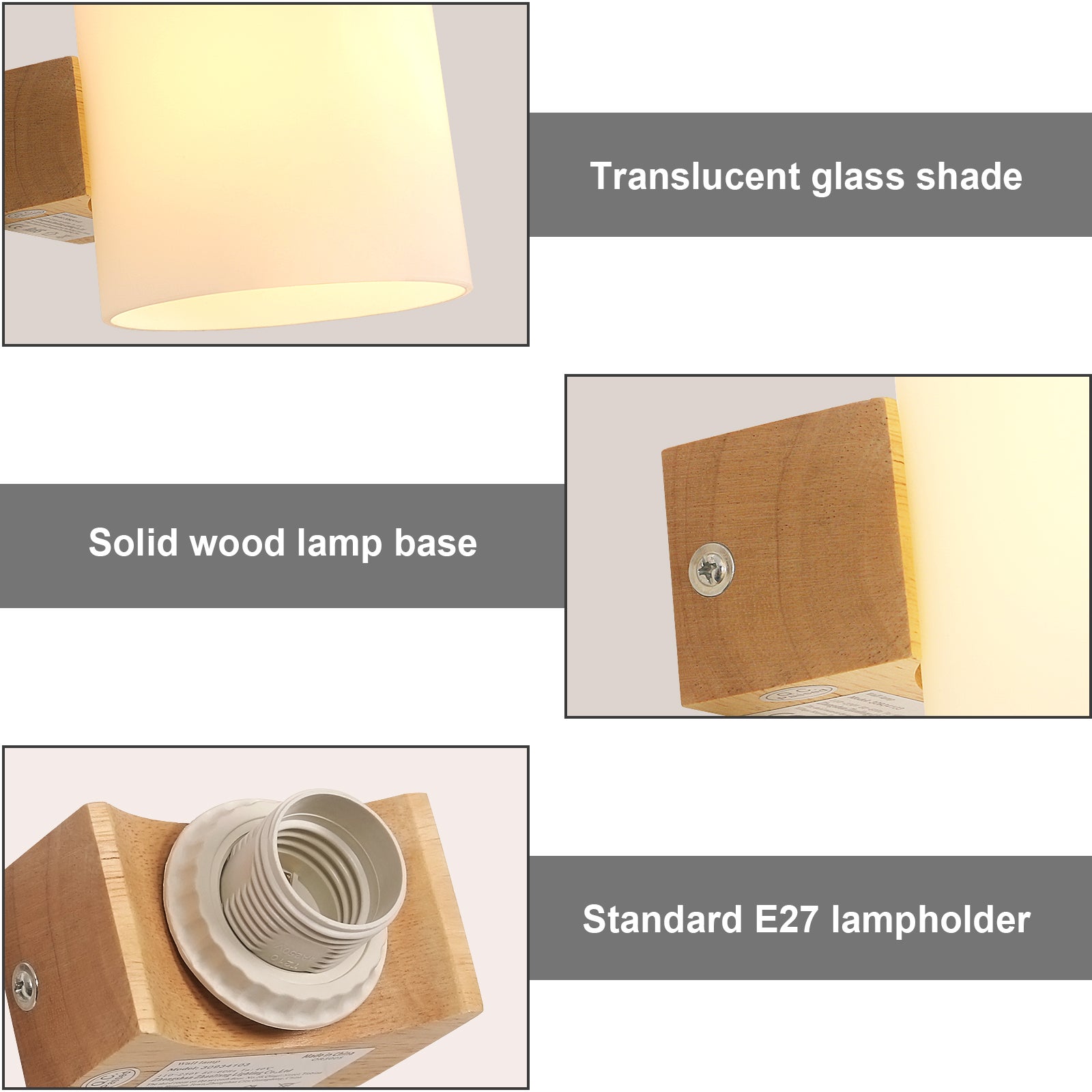 Aplique de pared para interior,lámpara de pared vintage de madera E27,pantalla de vidrio,ideal para dormitorio,sala de estar,escalera de madera - 5