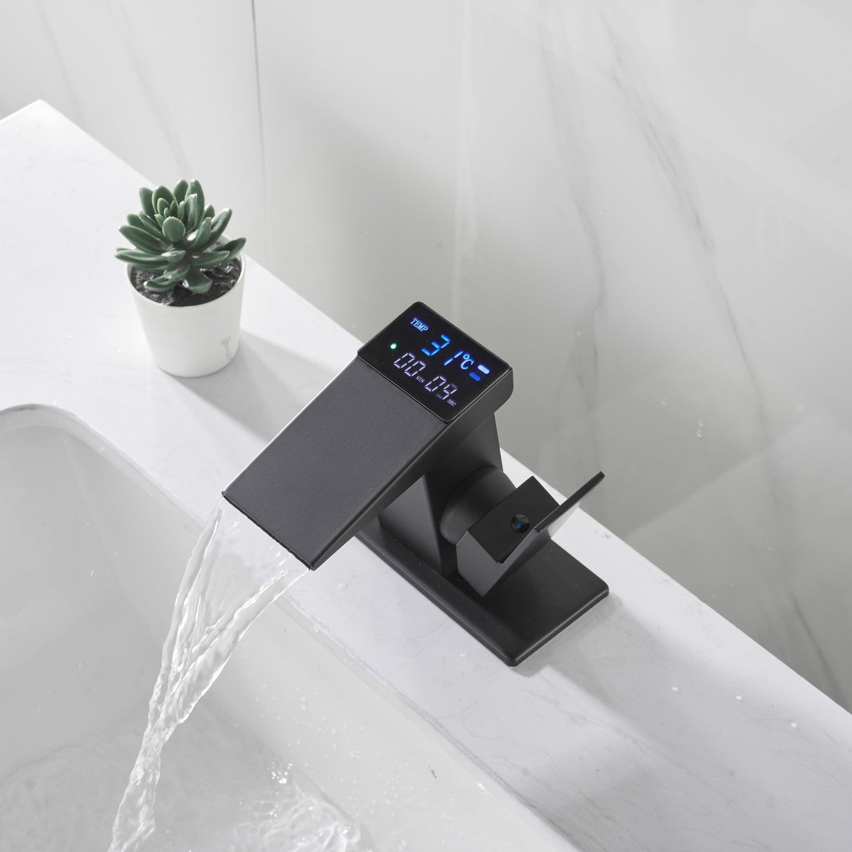 Kran wodospadowy z wyświetlaczem cyfrowym, wyświetlacz temperatury wody w zbiorniku hydroelektrycznym, czarny, jednoczęściowy